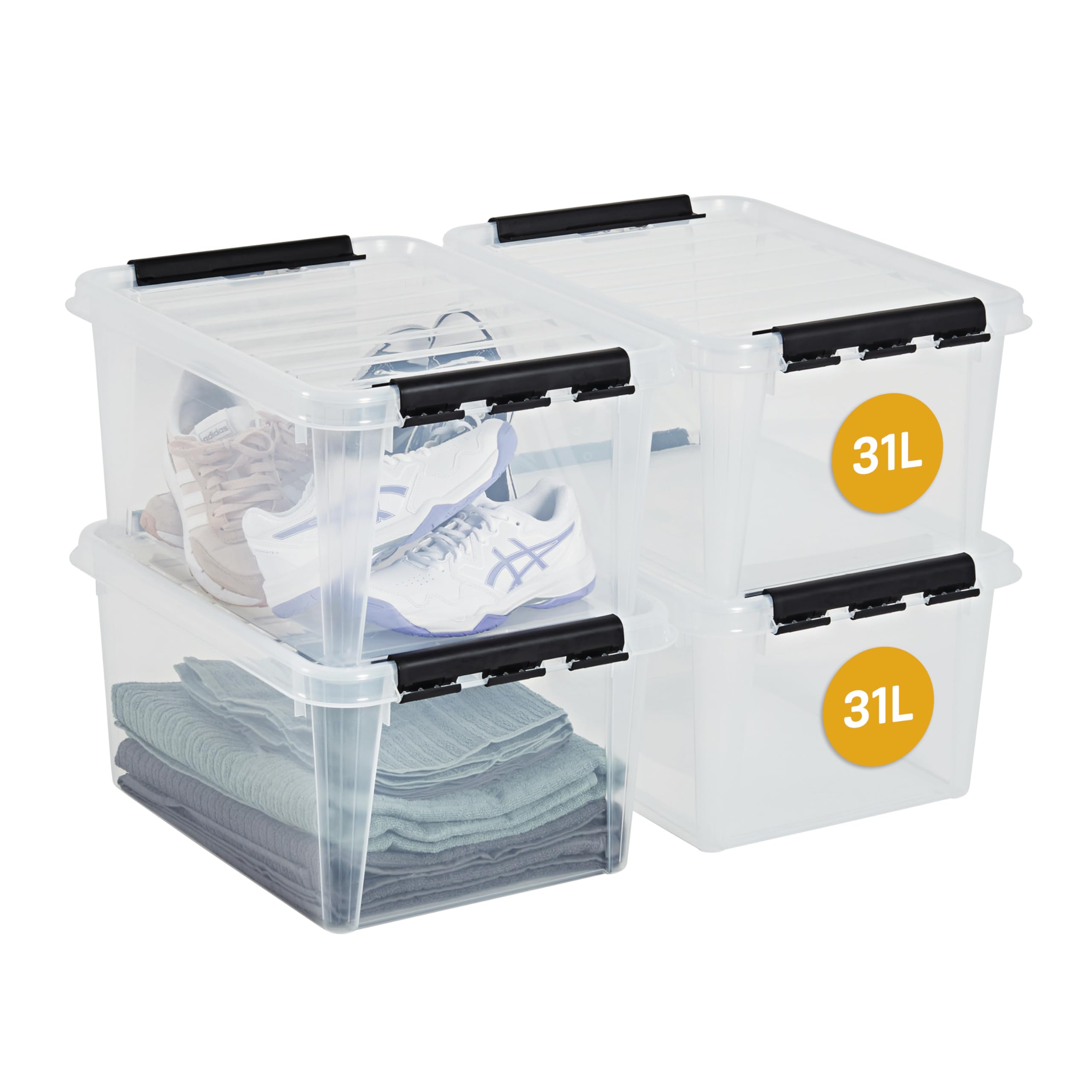 SmartStore Aufbewahrungsboxen mit Deckel, 31 l, transparent, 4er-Pack, verstärkt, 10 Jahre Garantie, lebensmittelecht, mit Clipverschluss, stapelbar, BPA-freier Kunststoff, 50 x 39 x 26 cm