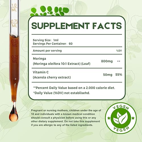 Miniatura 2 de Gotas líquidas de hoja de moringa pura, extracto de Moringa Oleifera gotas líquidas con vitamina C para apoyo inmunológico, antioxidante, salud