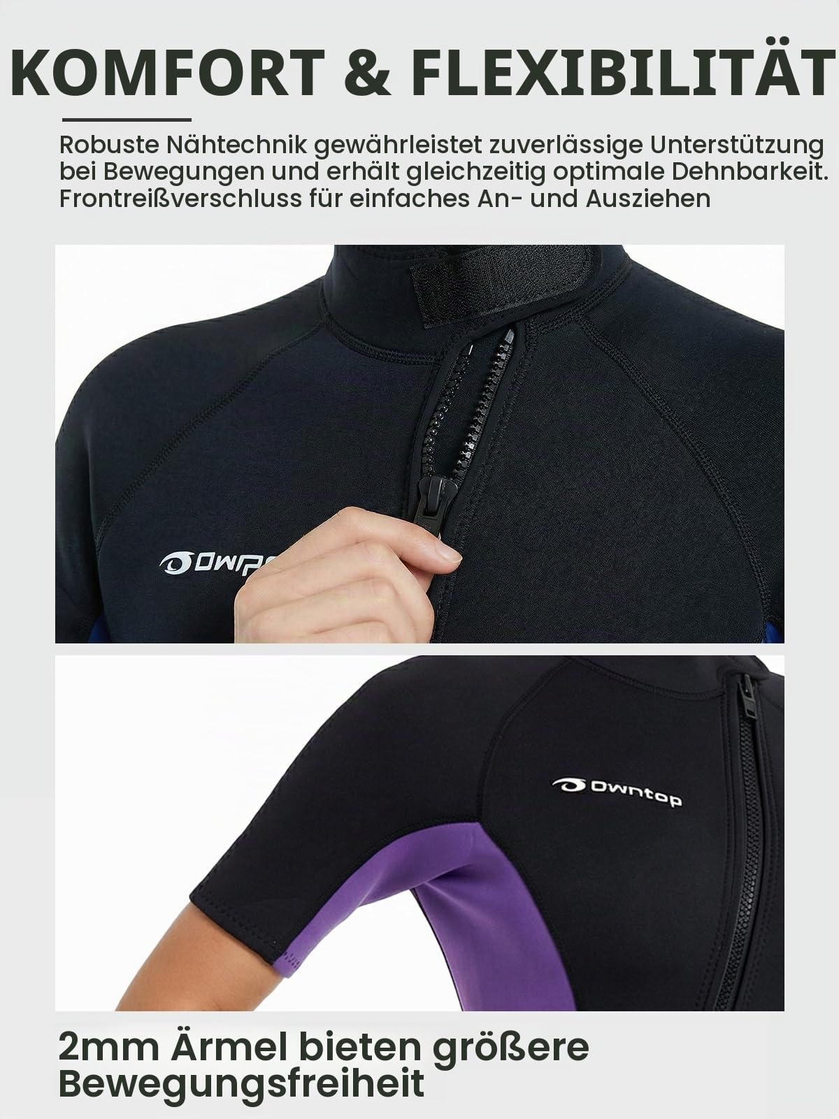 Owntop Neoprenanzug Damen Shorty 3 mm – Neopren Shorty mit Frontreißverschluss, Kurzarm Wetsuit für Surfen, Schwimmen, Tauchen & Triathlon, Violett XL