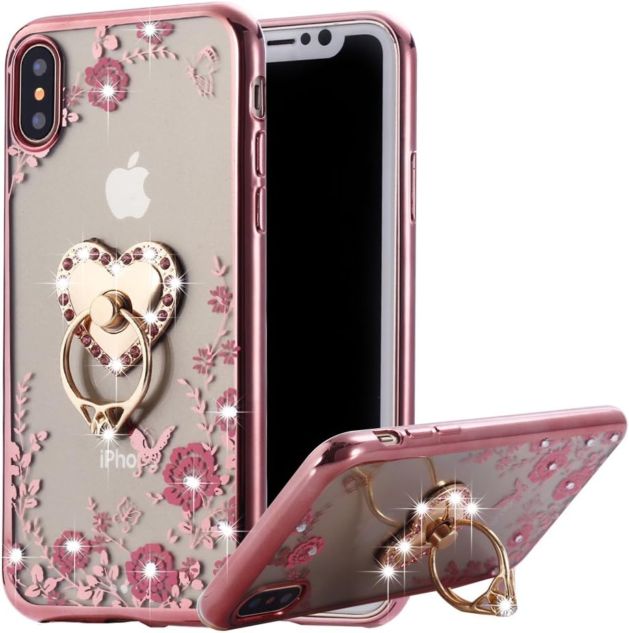 iPhone Xs Max Case Pink Ring, Miniko Soft Slim Bling Rhinestone Floral Crystal TPU Plating Rubber Case Cover with Detachable 360 Diamond Finger Ring Holder Stand for iPhone Xs Max 6.5 inch
