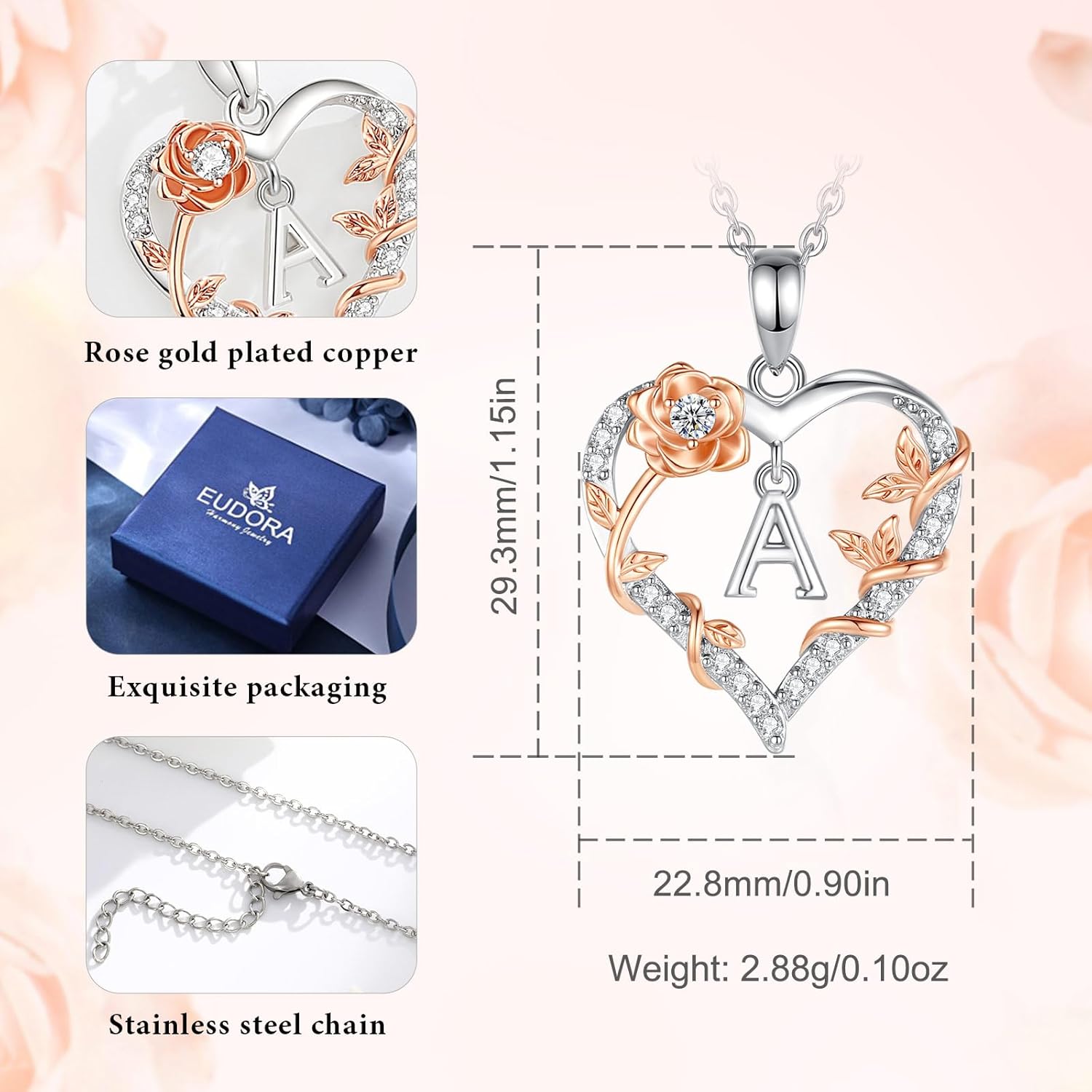 EUDORA Rose Heart Initial Necklace for Women Letter Alphabet Initial Necklaces Copper Rhodium Plated Pendant with Cubic Zirconia, Initials Jewelry Gifts for Women Wife Mother, 18" - Image 7