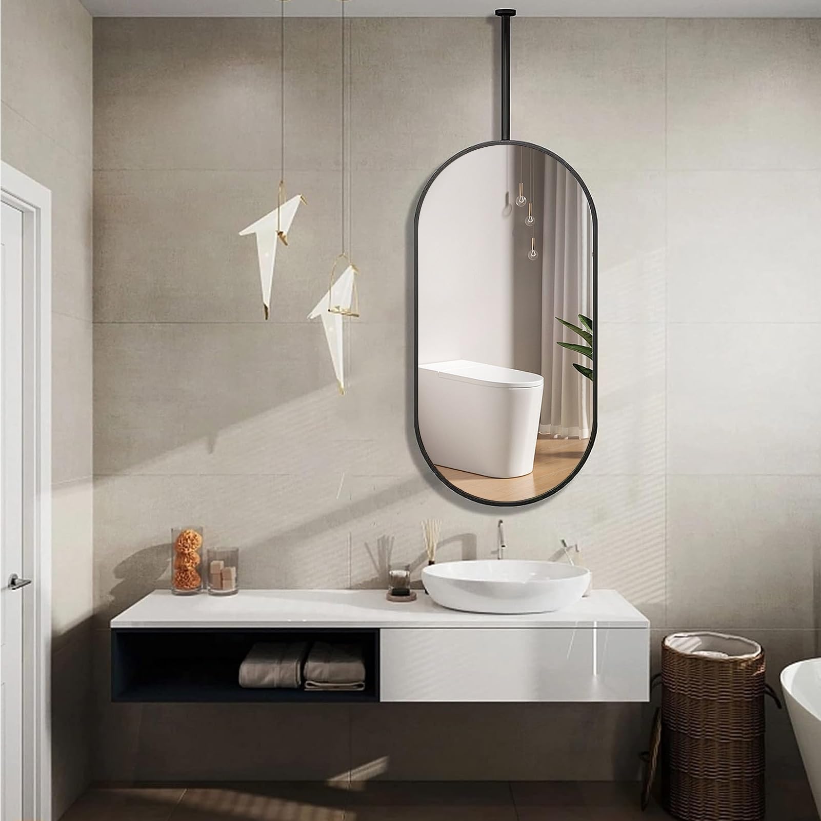 FGXHHS Oval Suspended Mirror, Floating Bathroom Vanity Mirrors with Ceiling-mounted Boom, Customizable Metal Decorative for Wall, Modern Black (Size : 40cmx60cm)