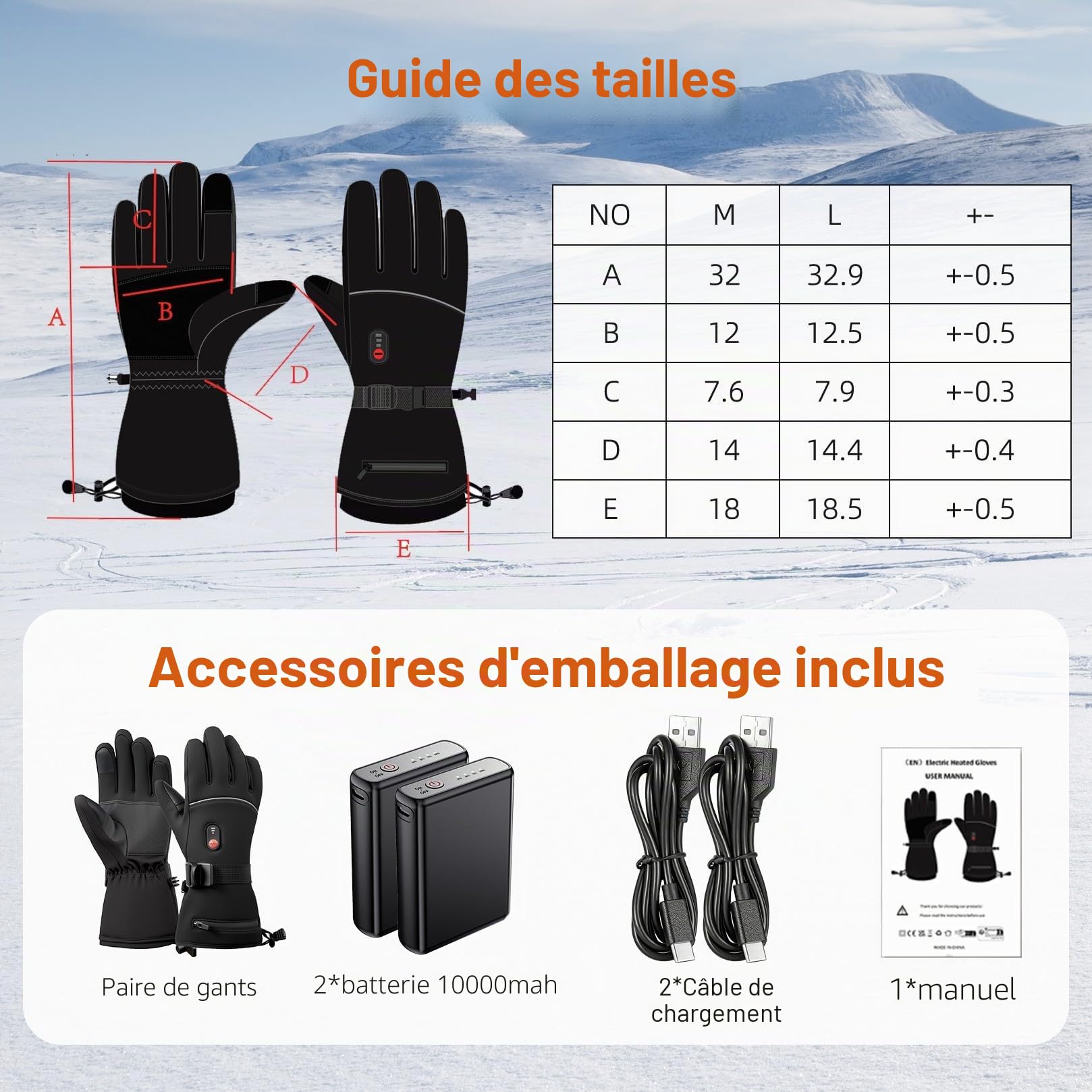 Gant Chauffant Moto Rechargeable 7.4V 10000mAh - Gants Chauffants Homme Femme, Chauffage Rapide 10s, Imperméable Tactile pour Vélo, Travail, Arthrose, Ski (L)