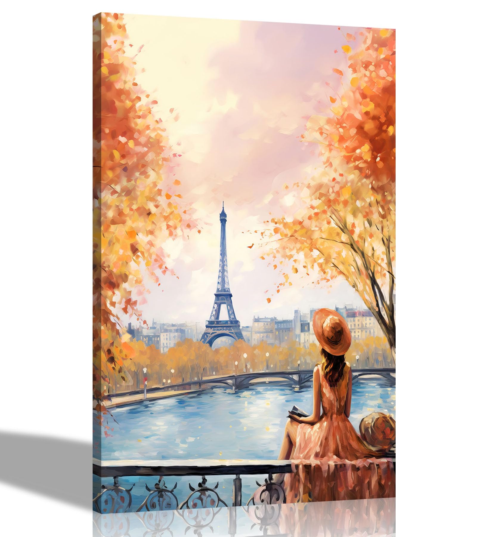 Artley Prints - Portrait Alone and Blissful in Paris Orange Canvas Prints for Bedroom, Living Room - Wall Art City Pictures to Hang 51 x 35cm (20 x 14 inches)