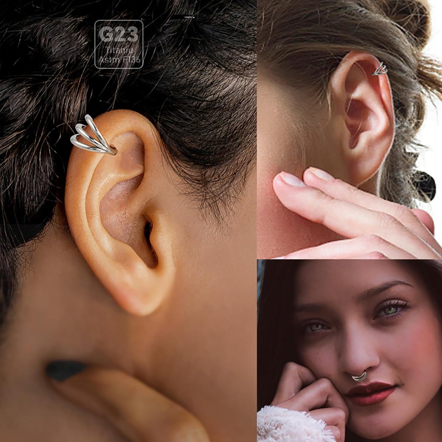 SHOWNICE 3PCS Nose Rings G23 Titanium Septum Rings Double Hoop Nose Ring Conch Piercing Cartilage Earrings Nose Piercing Jewelry for Women and Men - Image 2