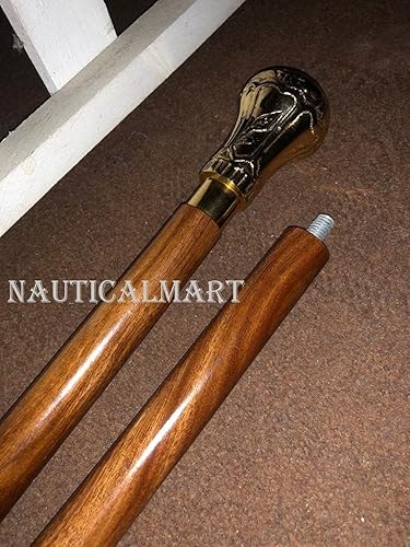 Miniatura 5 de Bastón antiguo vintage chapado en oro con mango de madera marrón