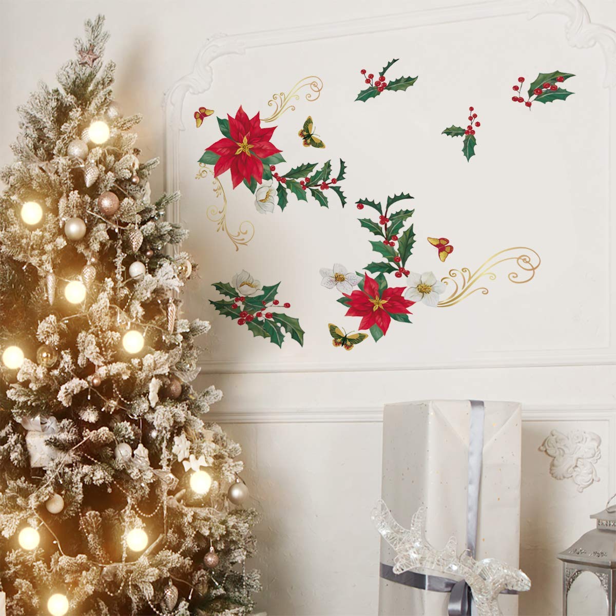 Adesivi Murali Natale Con Poinsettie E Farfalle, 8 Fogli 21x30cm, Decorazione Festiva Rimovibile