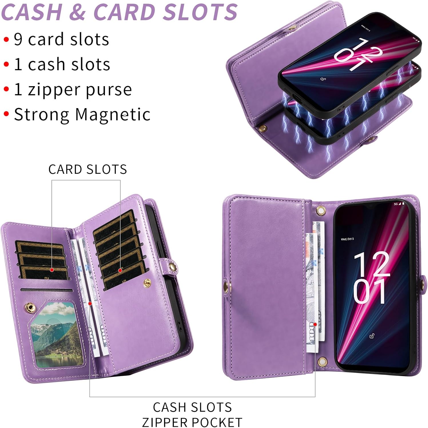 Asuwish Phone Case for T-Mobile Revvl 6 Pro/6X Pro 5G Zipper Wallet Cell Cover with Tempered Glass Screen Protector Strap Flower Card Holder Tmobile Revel X Tmo Revell T Mobile Rebel TCL Women Purple
