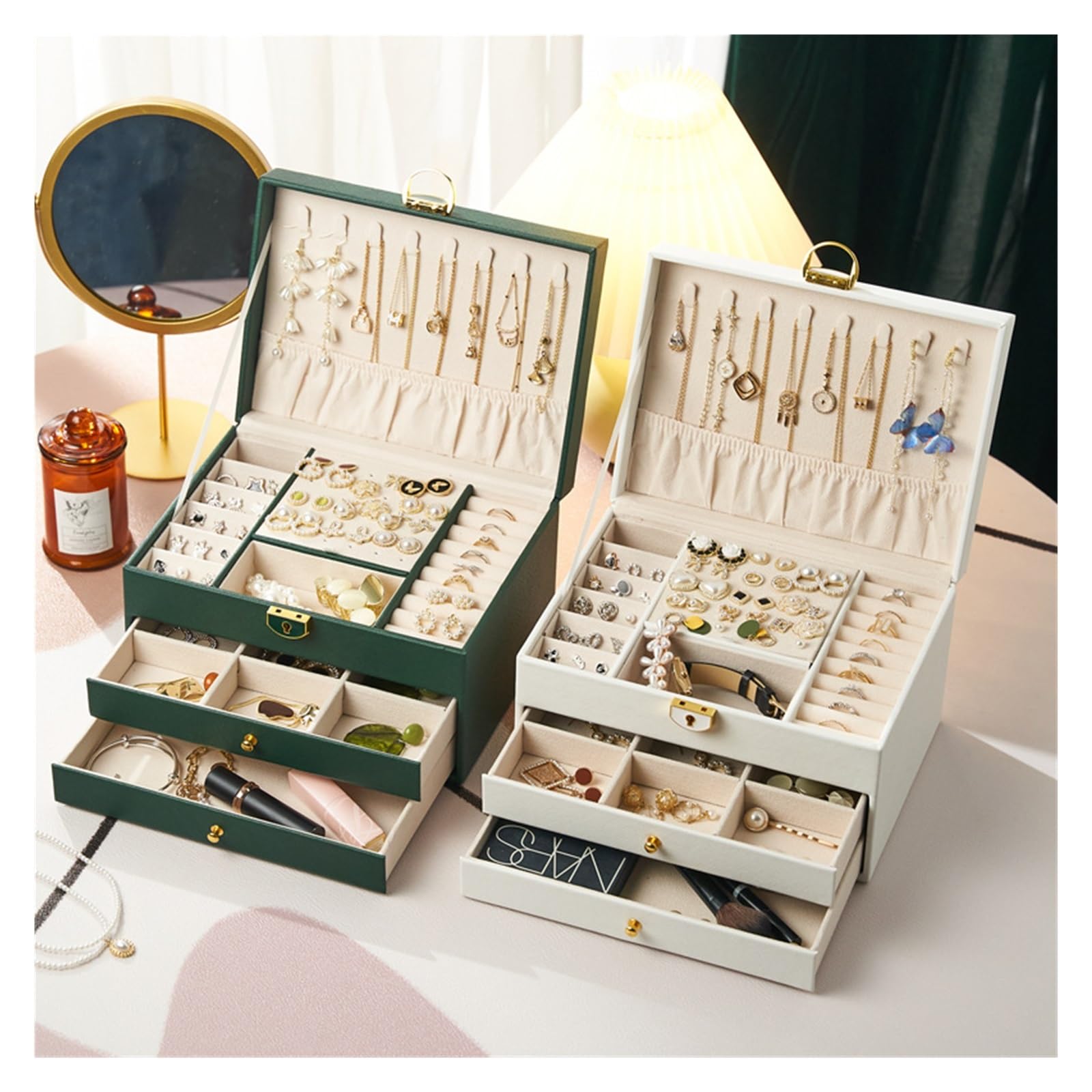 Joyeros Organizador Joyero Clásico De PU De Tres Niveles Caja Para Joyas | Adorno Multifuncional Para Almacenamiento.