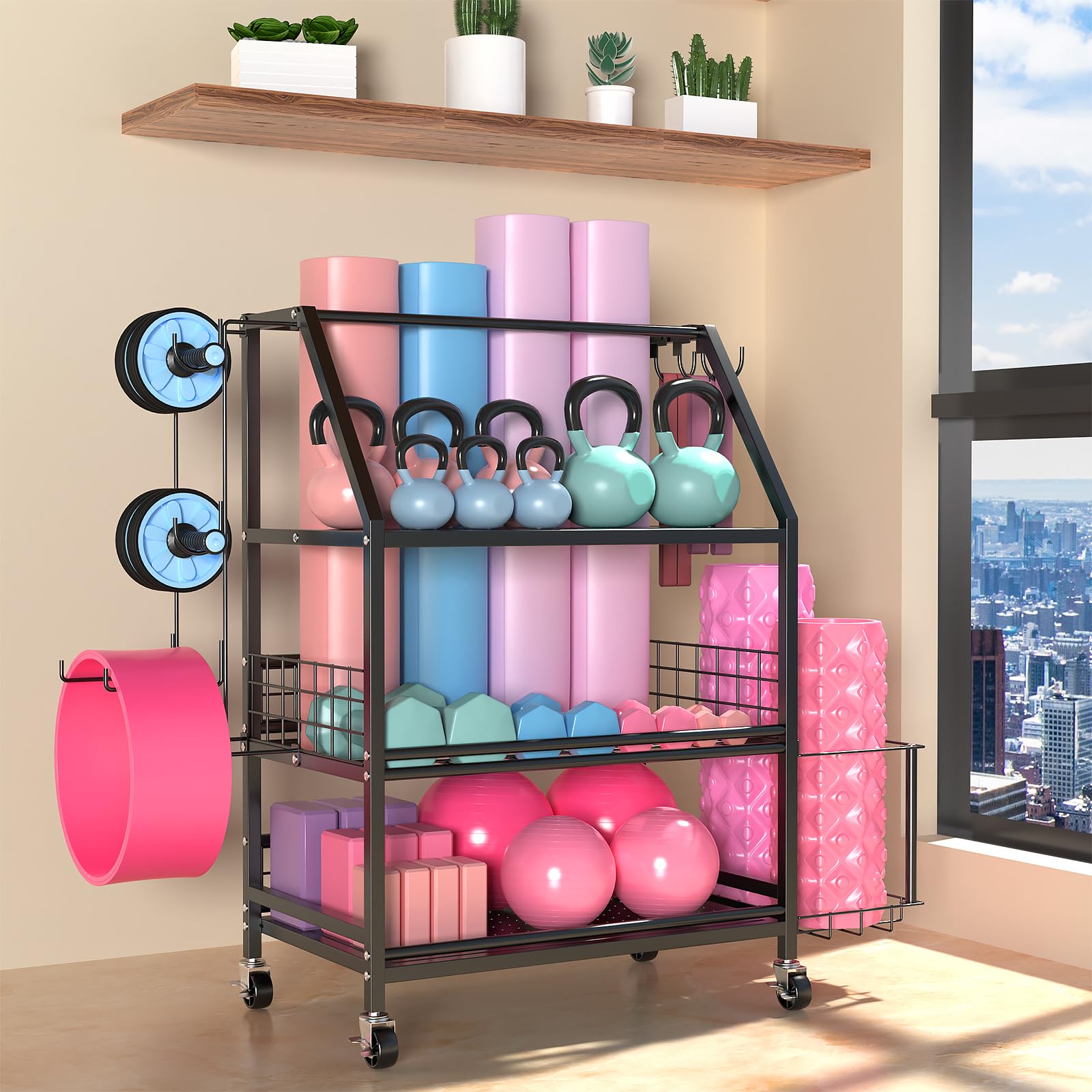 Soporte Para Pesas Gym En Casa, Organizador Gimnasio, Soporte Kettlebell, Para Rodillos De Espuma, Esterillas De Yoga, Mancuernas, Pesas Rusas, Con Ganchos y Ruedas Con Cerradura