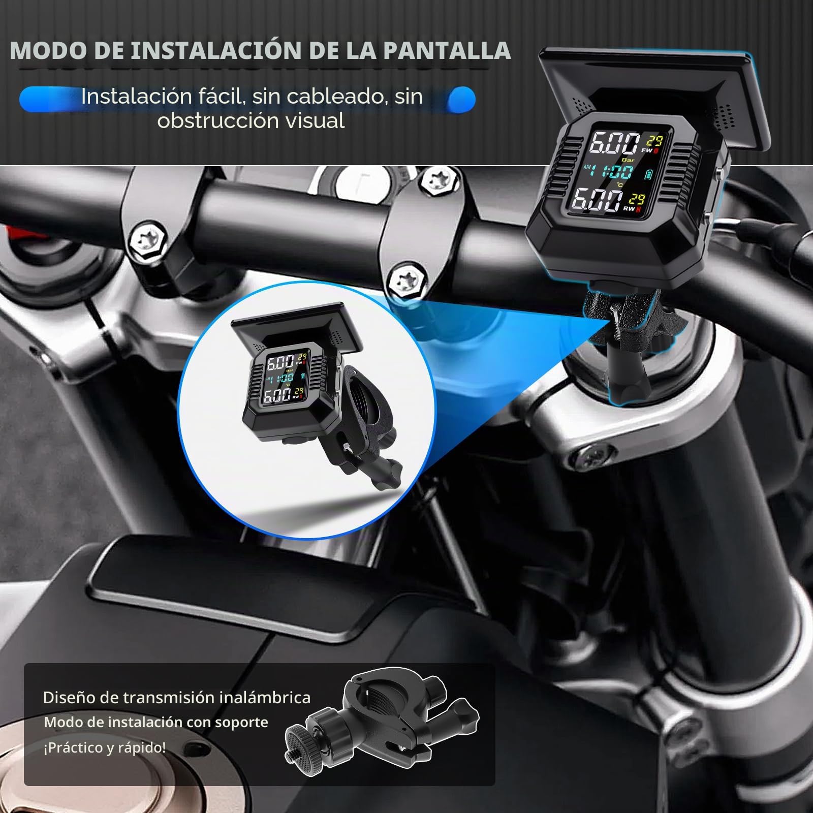 KAOLALI Sistema de Control de Presión de Neumáticos Moto TPMS, Motocicleta Inalámbrica Carga Solar/USB TPMS para Motocicletas con Pantalla LCD 2 sensores externos Impermeables