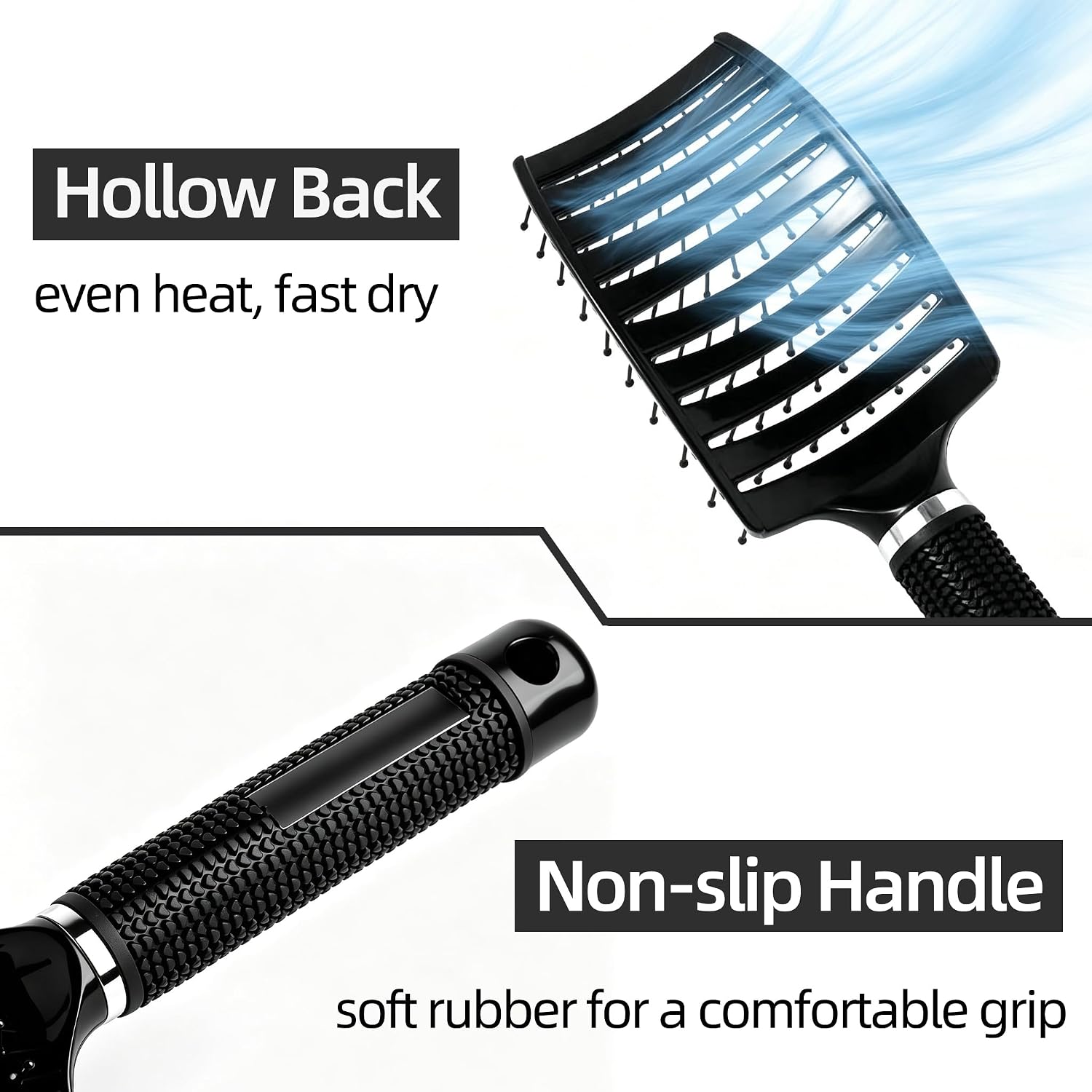 Detangler Hairbrush, Soft Bristle Detangling Hair Brush for Curly Wavy Straight, Wet Dry, Thick Fine Hair, Ergonomic Curved Hair Brushes for Women Men Kids (Black)