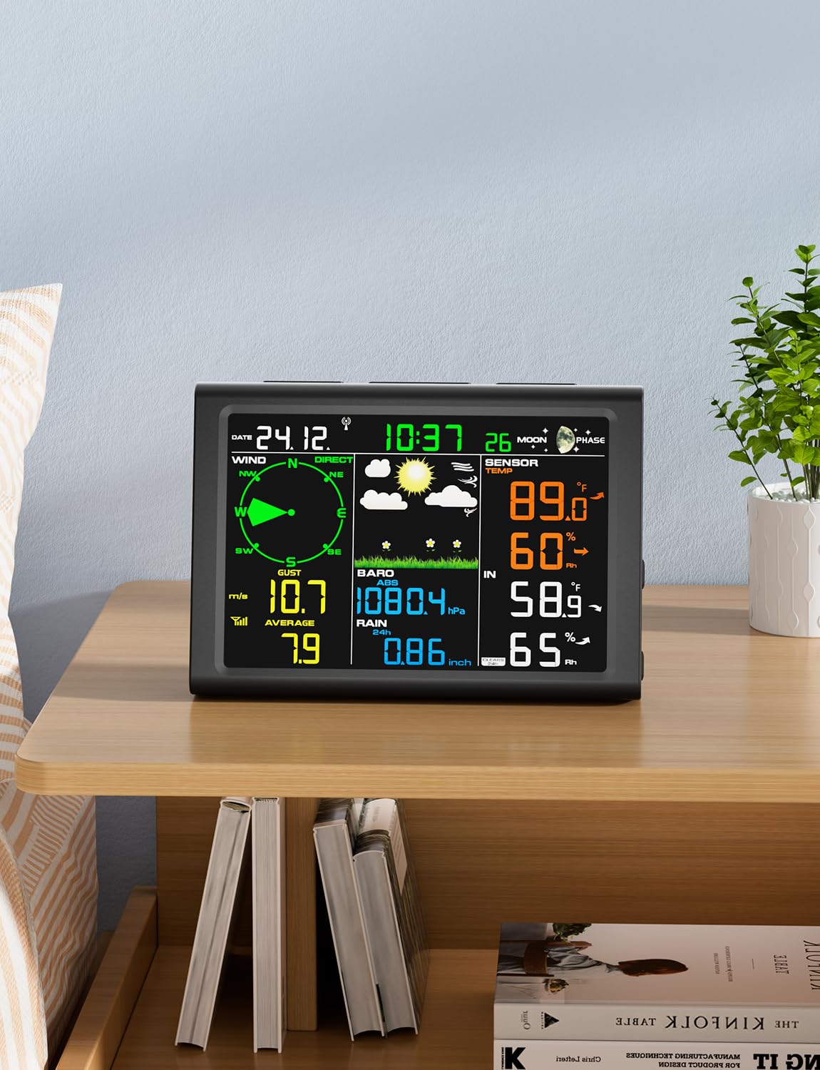 10-in-1 kabellose Wetterstation mit kabellosem Außensensor, Funkuhr, Regenmesser, Windgeschwindigkeit/Richtung, Mondphase, Barometer, Thermometer/Hygrometer, Wettervorhersage (kein WLAN)