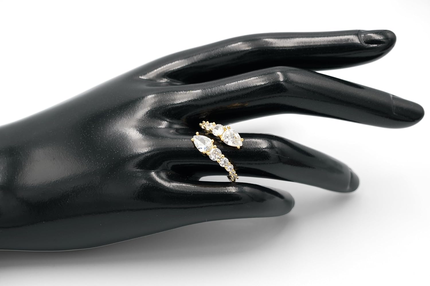 Adjustable Bypass Mixed Cut CZ Engagement Ring, Yellow Gold Filled Metal, Round & Pear Shaped Cubic Zirconia - Image 4