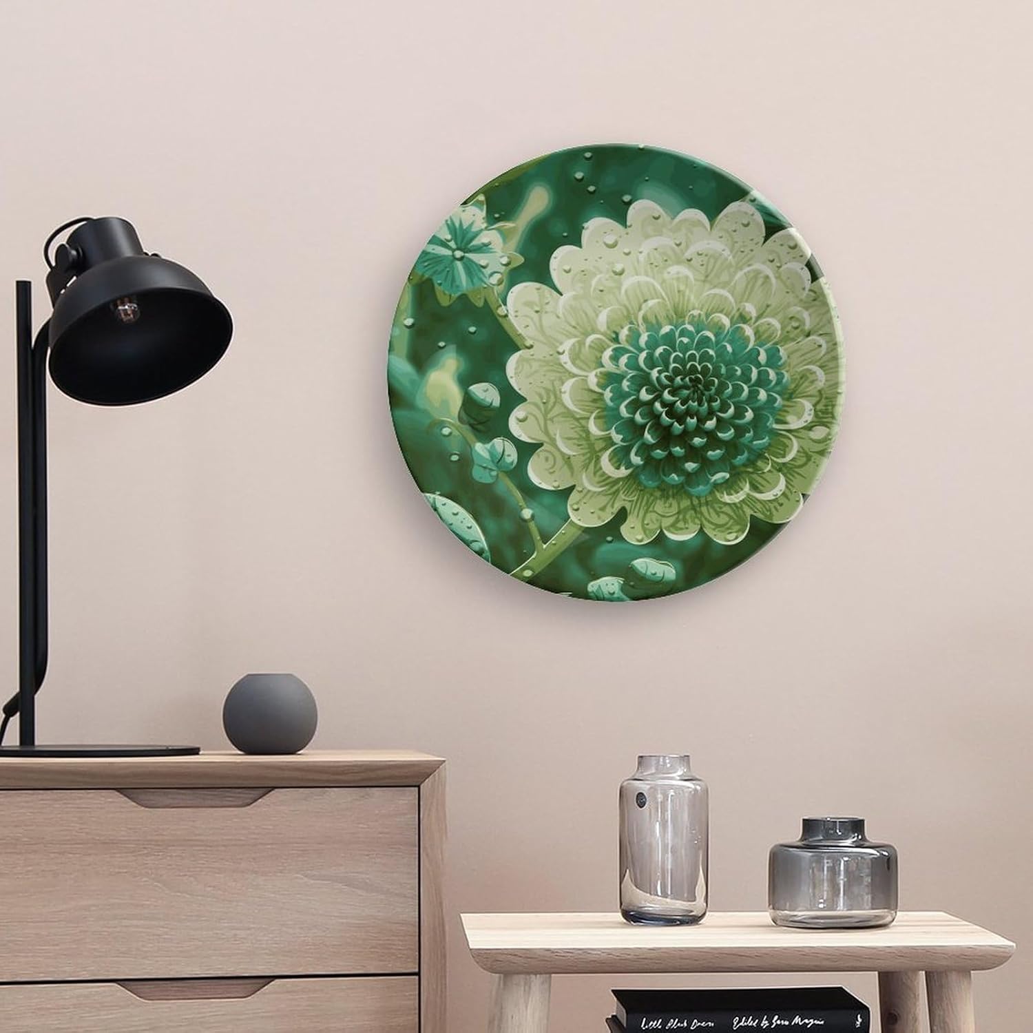 Green Flower Decorative Plates for Display Round Porcelain Plate Living Room Table Ceramic Hanging Decorative Plate Art Decor for Living Room Table with 1 Display Stand 10inch