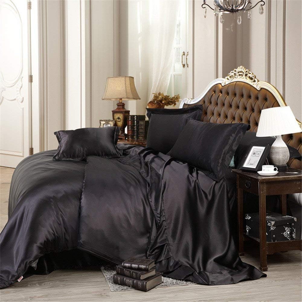 5Pc Queen Size Solid Black Silk Satin Sheet Set, Includes Comforter, Flat Sheet, Fitted Sheet, 2 Pillowcases