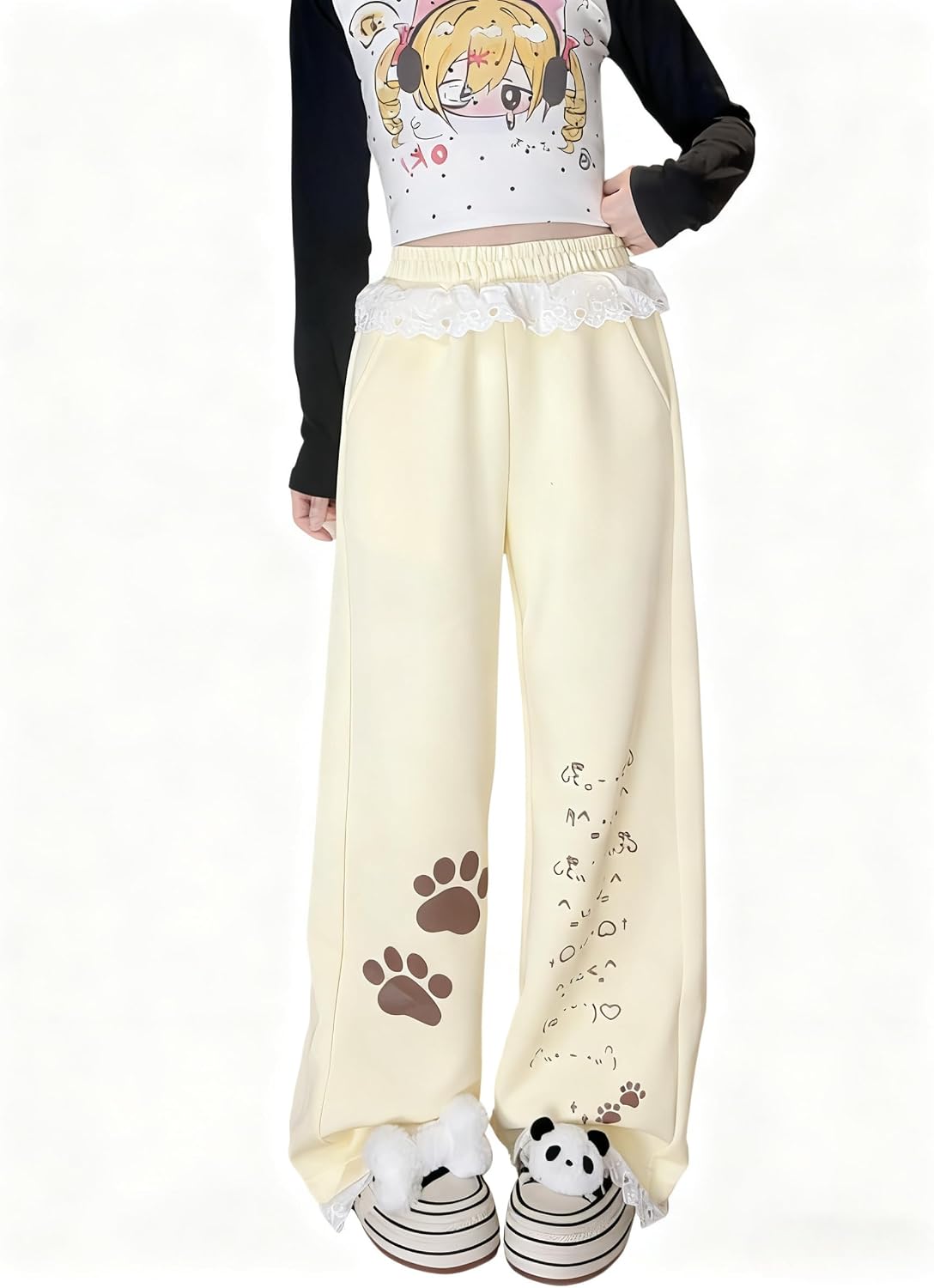 Women's Kawaii Harajuku Wide Leg Sweatpants Coquette Aesthetic Lace Trim Baggy Joggers Y2K Fairycore Loungewear
