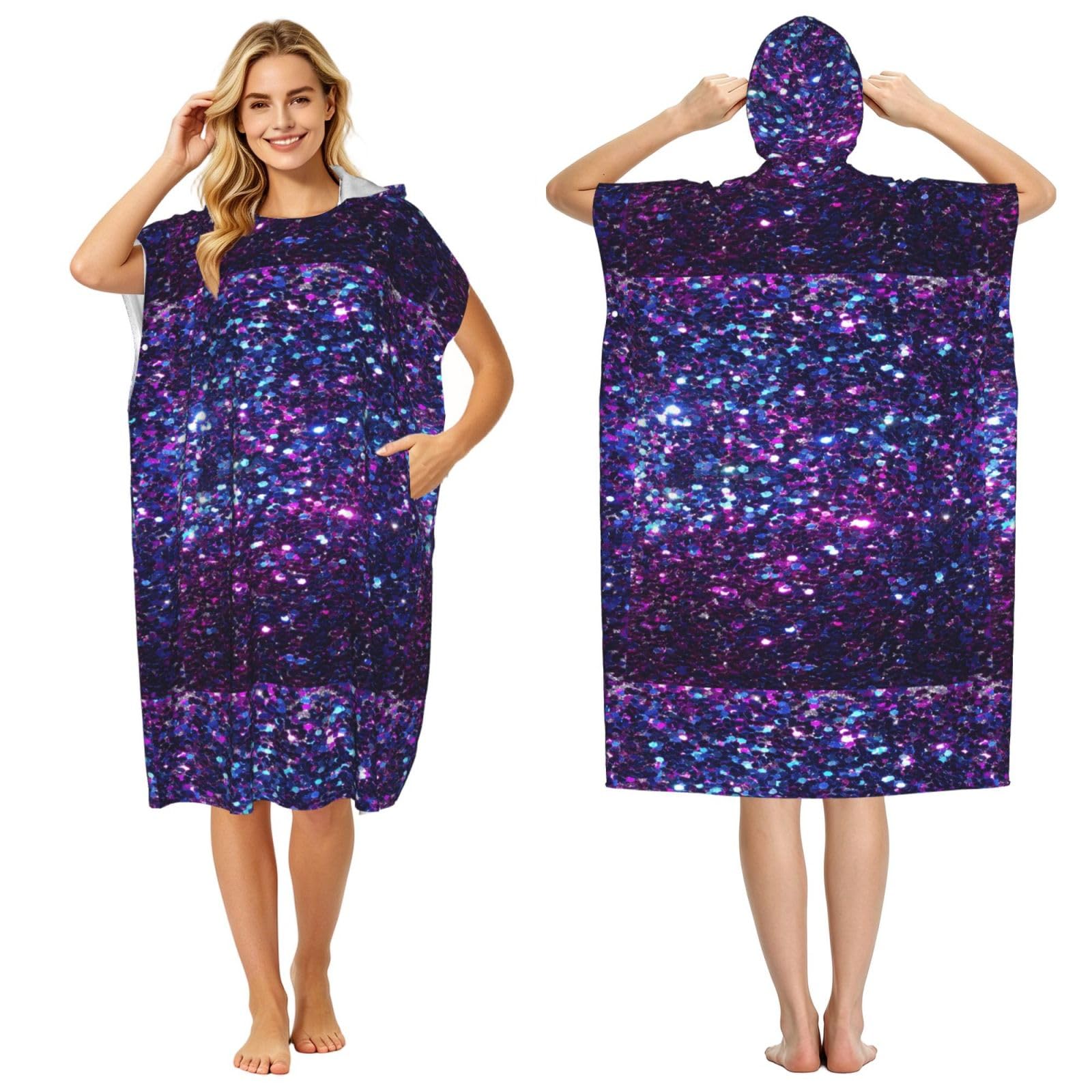 Poadnly Glitter, Adult Hooded Beach Towel 90 x 110 cm,Changing Bath Robe, Surf Poncho Towel For Women Men