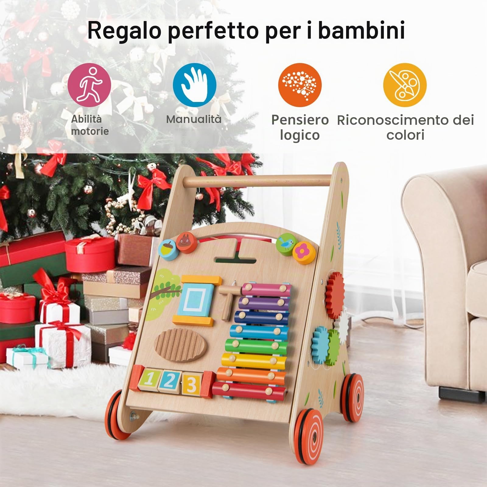 LIFEZEAL Girello Neonato in legno, Primi Passi per Bambini con Giocattoli Montessori, Carrello Primi Passi con Ruote, Gioco per Camminare, Carrellino con Banco da Lavoro per Bimbi da 12 Mesi (B)