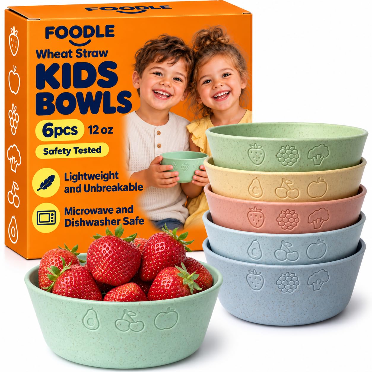 FOODLE Wheat Straw Kids Bowls - Microwave and Dishwasher Safe Toddler Bowls