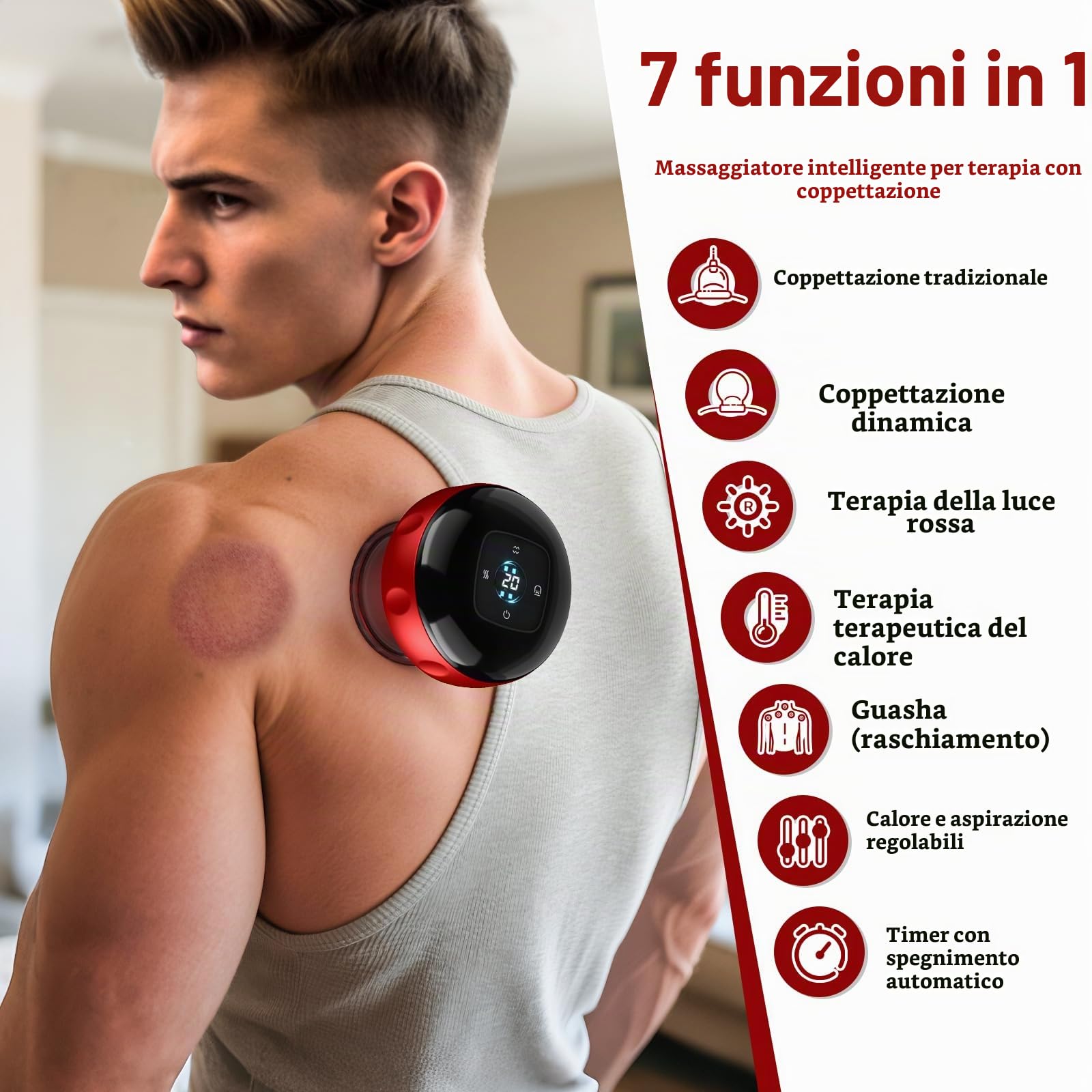 Set di 2 coppette, massaggiatore Smart Cupping Therapy 7 in 1, kit terapia a luce rossa con 2 modalità per alleviare il dolore mirato, dolori muscolari, pelle tesa, kit di coppettazione a 12 livelli