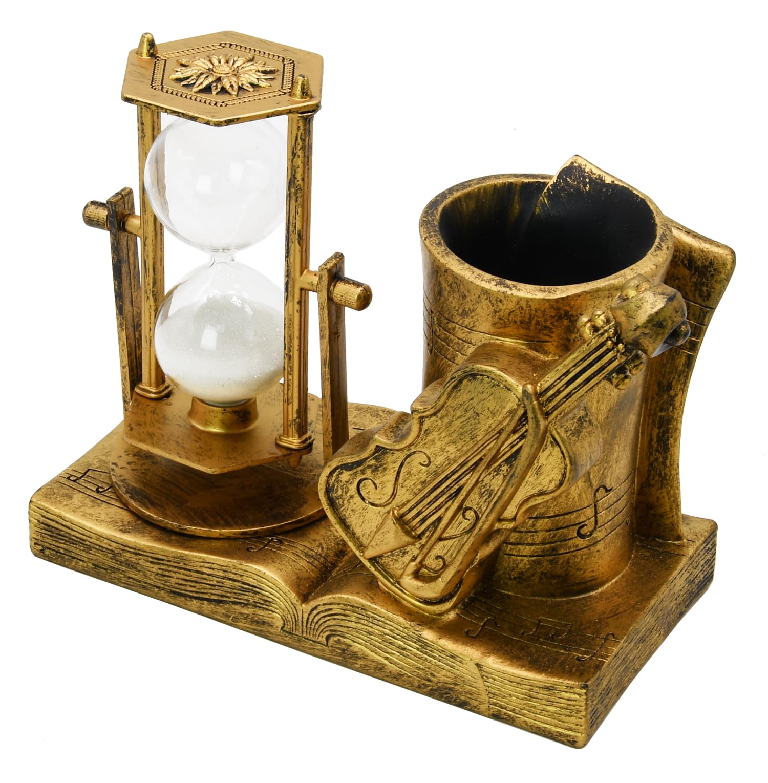 Violin-Themed Pencil Holder with Hourglass, Resin Desktop Organizer for Office & Study, Pen Holder with Sand Timer, Classic Music Addition Scissors Storage, Artistic Gift for Violin Lovers