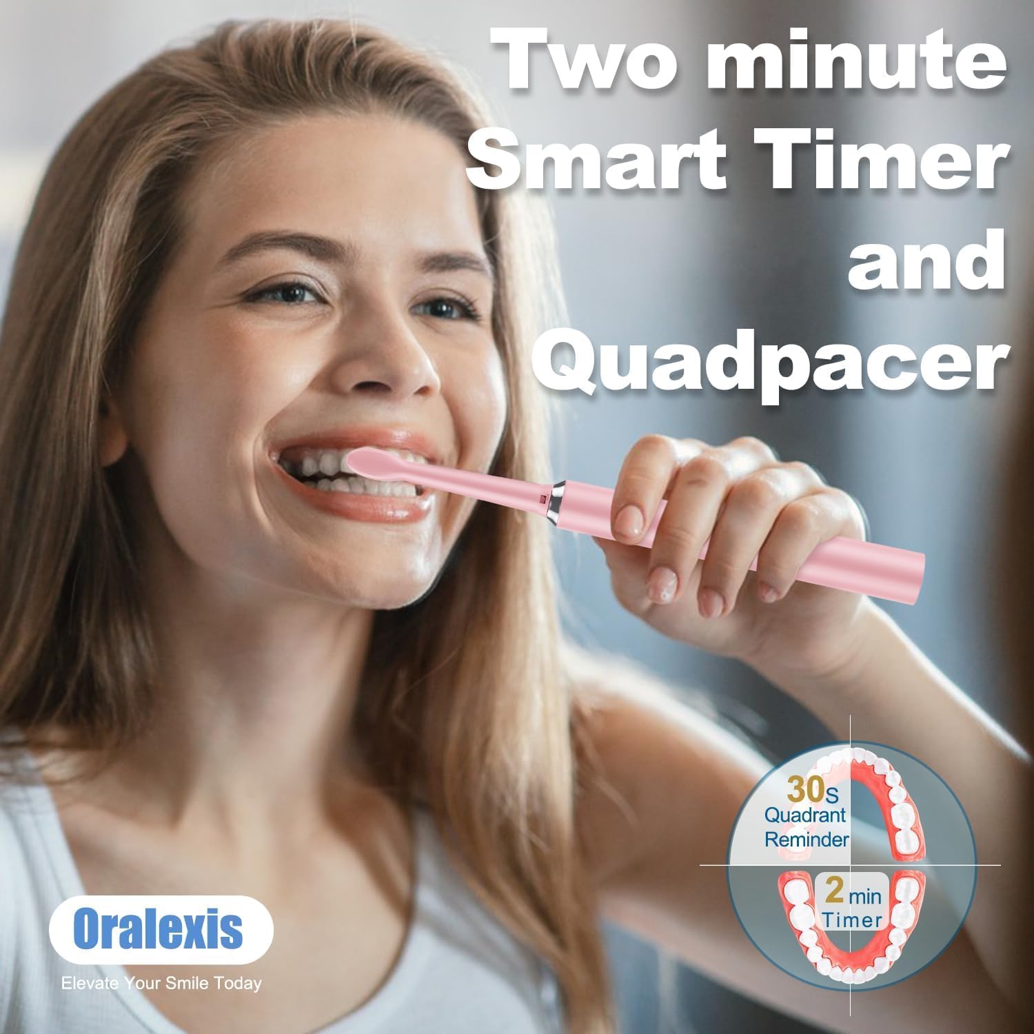 Electric Toothbrush for Adults and Kids, with 8 Brush Heads and Tongue Scraper, 2 Minute Smart Timer, One Fast Charge Last 120 Days, 40000 VPM Deep Clean, Sonic Travel Toothbrush - Rose