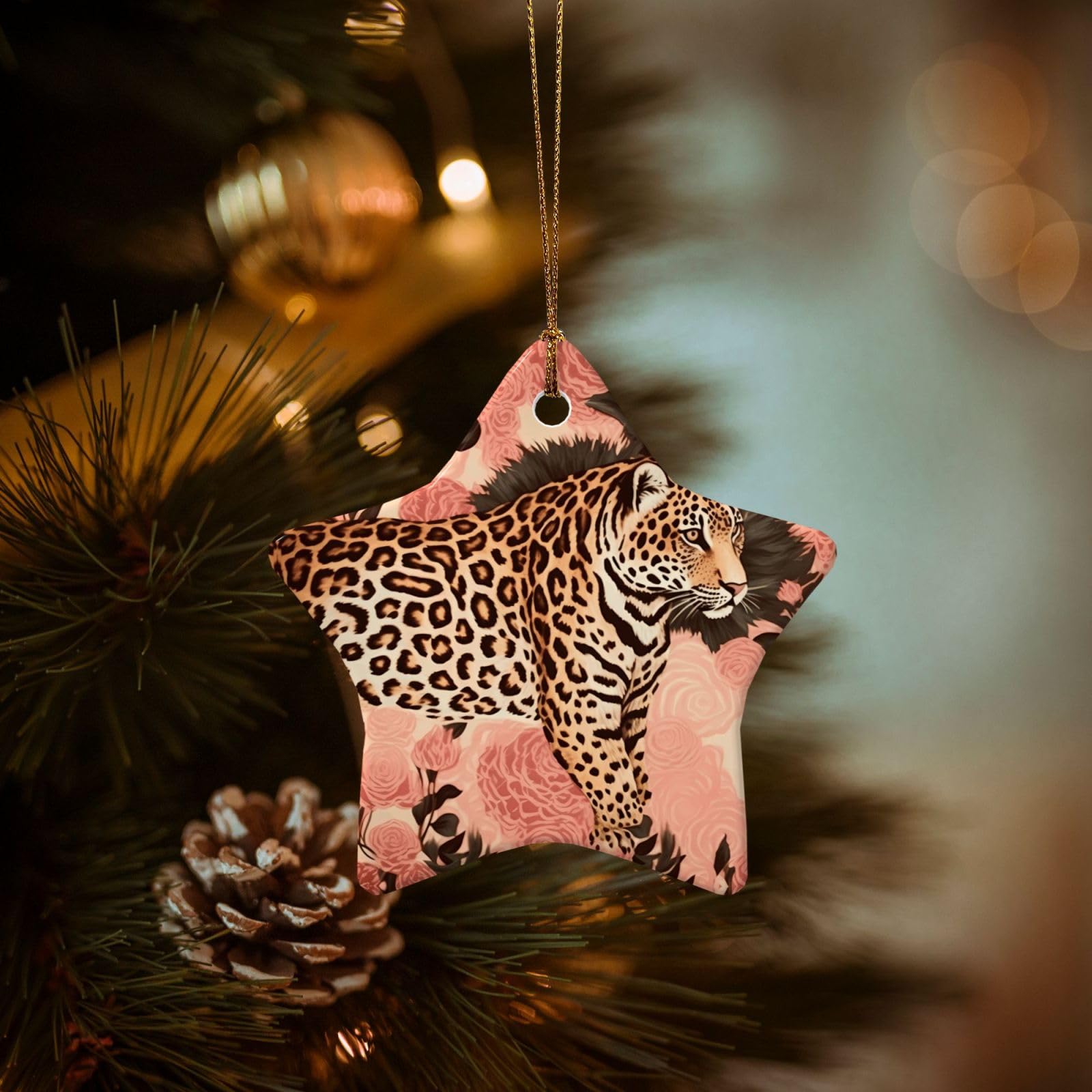 Christmas Ornaments for Christmas Tree Decoration Hanging Striped Leopard Ornament with Gold Ribbon Crafts Star Shape Ceramic Pendant for Keepsake Gifts Xmas Decor Party Supplies
