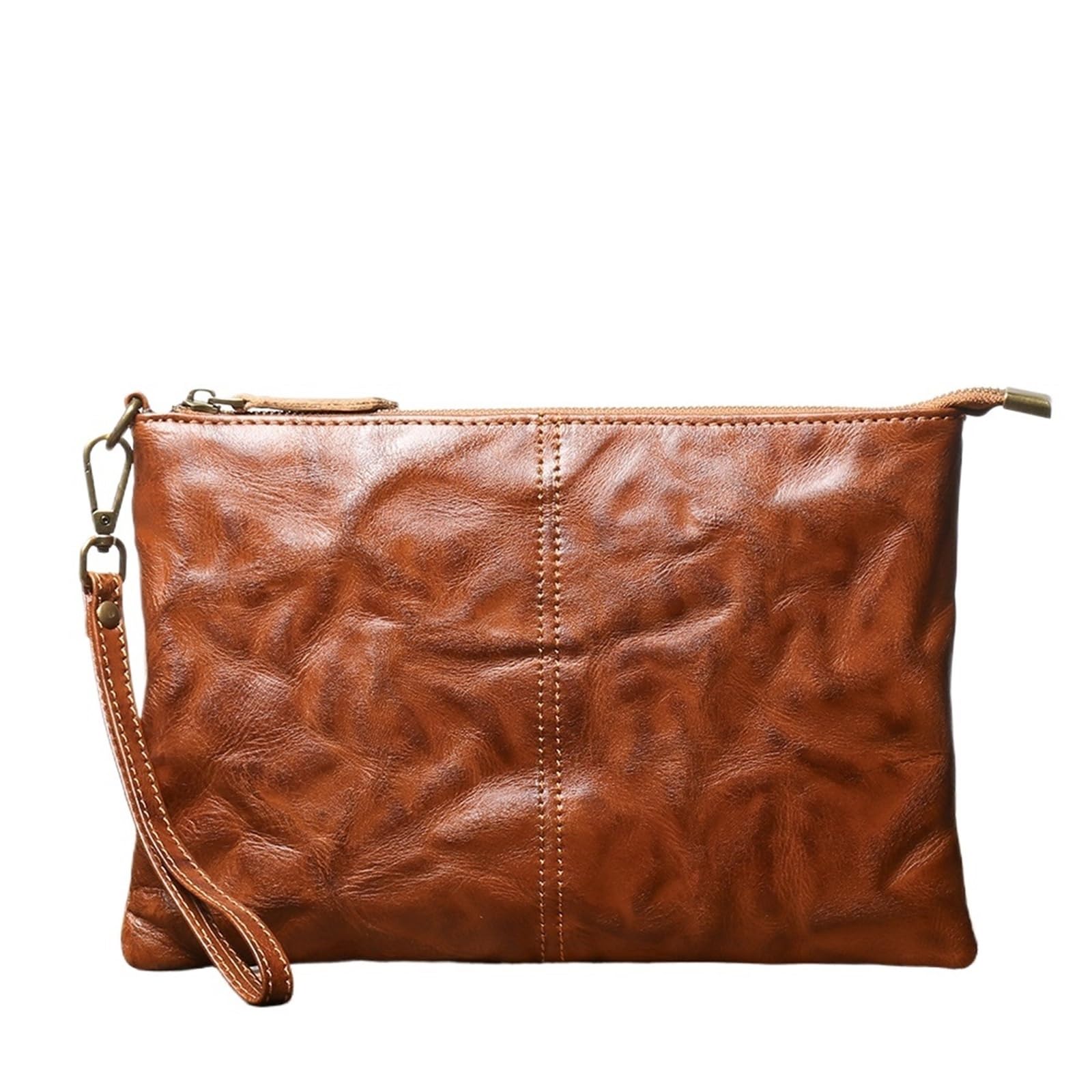 Portafoglio pochette in pelle vintage, cerniera sicura, elegante braccialetto da uomo