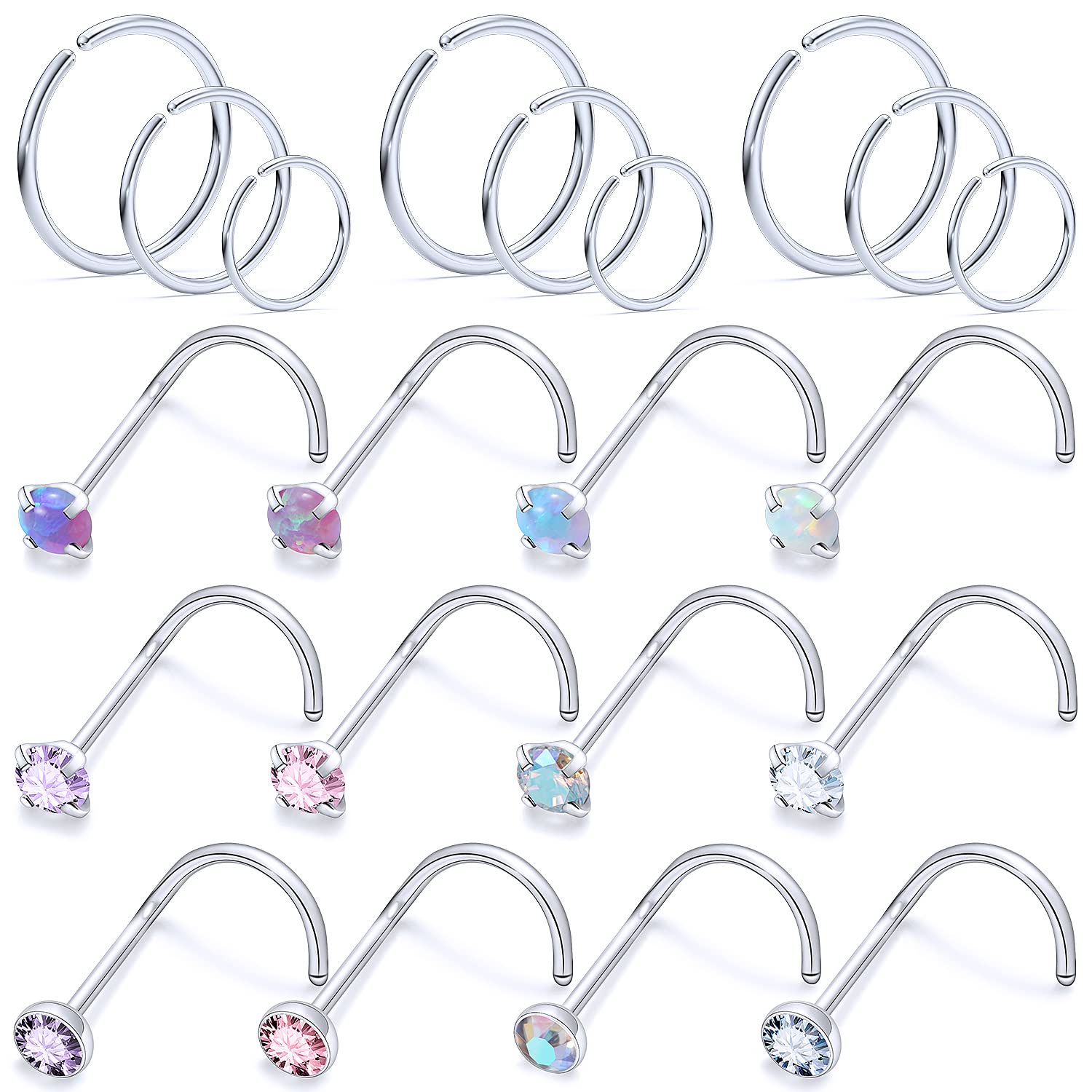 Vsnnsns 18G 20G 22G Nose Rings Studs Piercing Jewelry for Women 316L Surgical Stainless Steel L Shaped Corkscrew Straight Opal CZ Nose Rings Hoops