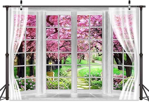 Miniatura 3 de Telón de fondo de flores de cerezo de 7 x 5 pies, color rosa, primavera, ventana, paisaje, día de San Valentín, fondo de fotografía para jardín,