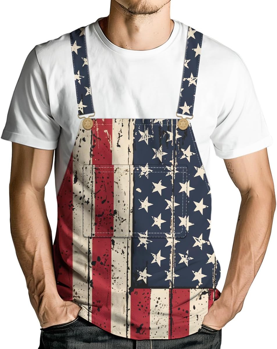 Funny American Flag Overalls Graphic Printed T-Shirt for Men Vintage USA Flag Patriotic Shirt