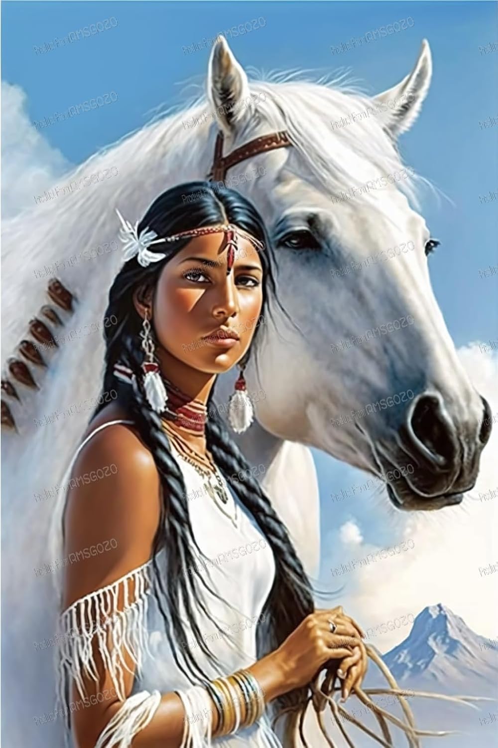 DIY Diamond Painting Kits White Horse Indian Girl - 5D Diamond Painting, Full Round Diamond Painting Art Kit for Adults, for Room Decor & Living Room Decor Or Gifts 12X16 Inch