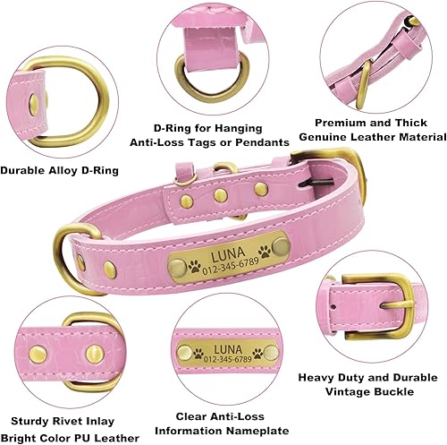 Miniatura 12 de Collar de perro de cuero genuino personalizado con placa de nombre grabada, duradero y elegante collar de perro personalizado para perros pequeños