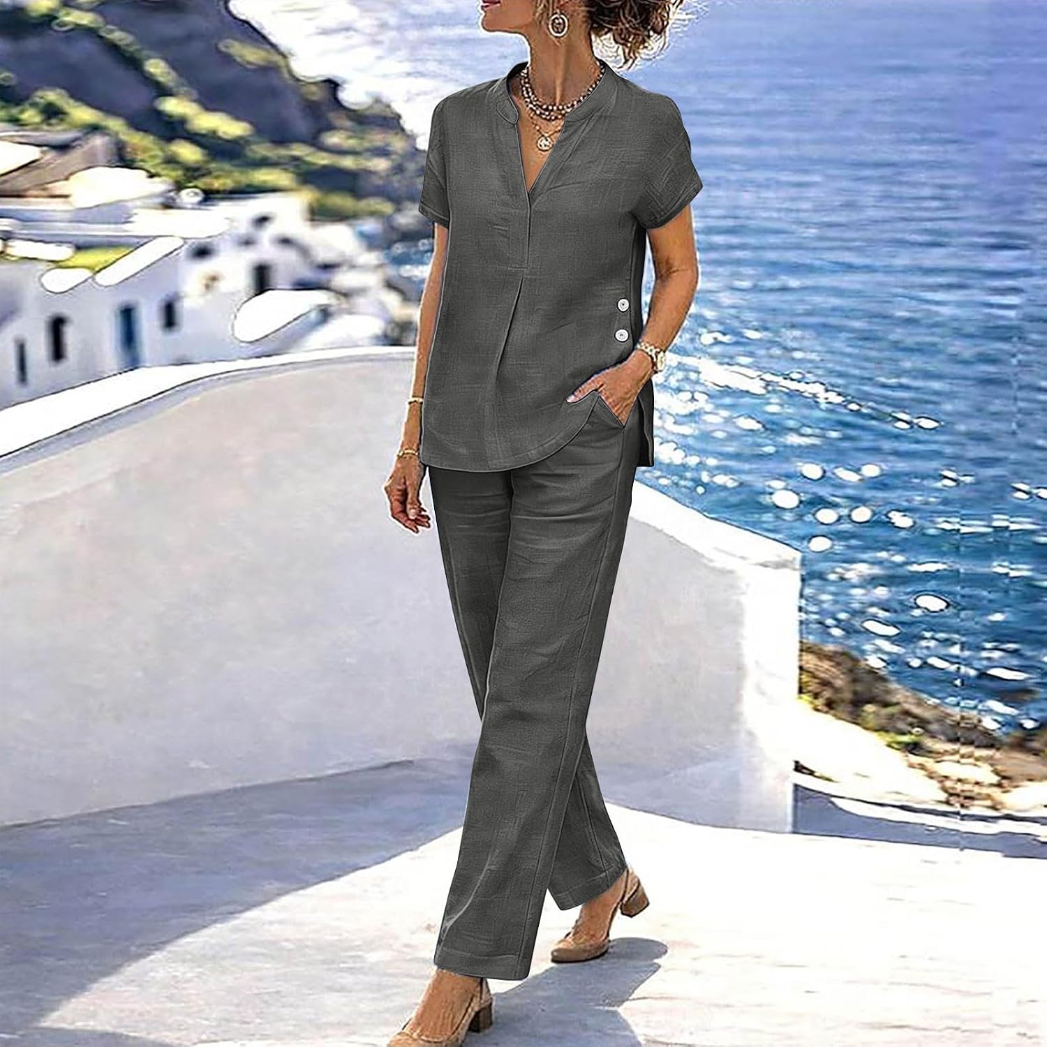 Womens Business Casual Outfits Trendy V Neck Short Sleeve Tops Straight Leg Pants Sets Matching Set for Office Work