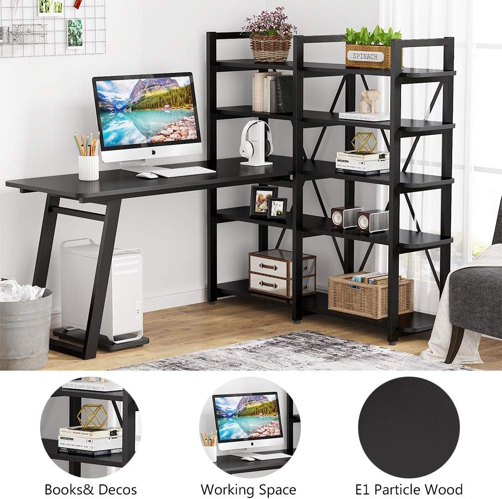 Tribesigns 55" Large Computer Desk with 10 Storage Shelves, Office Desk Study Table with Etagere Bookcase, Writing Desk Workstation with Hutch Bookshelf for Home Office (Black)