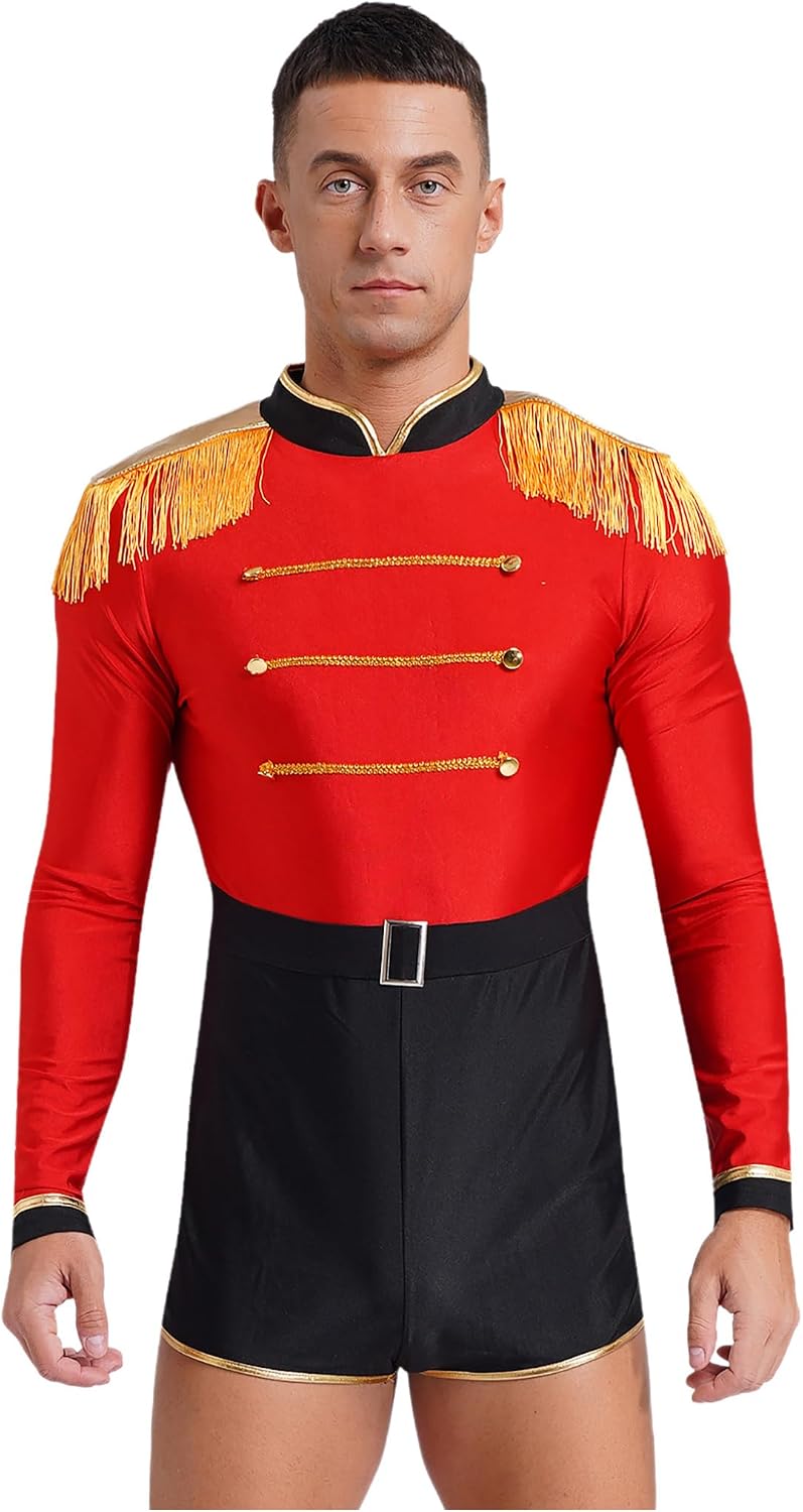 Hansber Mens Lion Tamer Costume Long Sleeve Fringe Shoulder Boards Circus Ringmaster Costume Halloween Cosplay Bodysuit