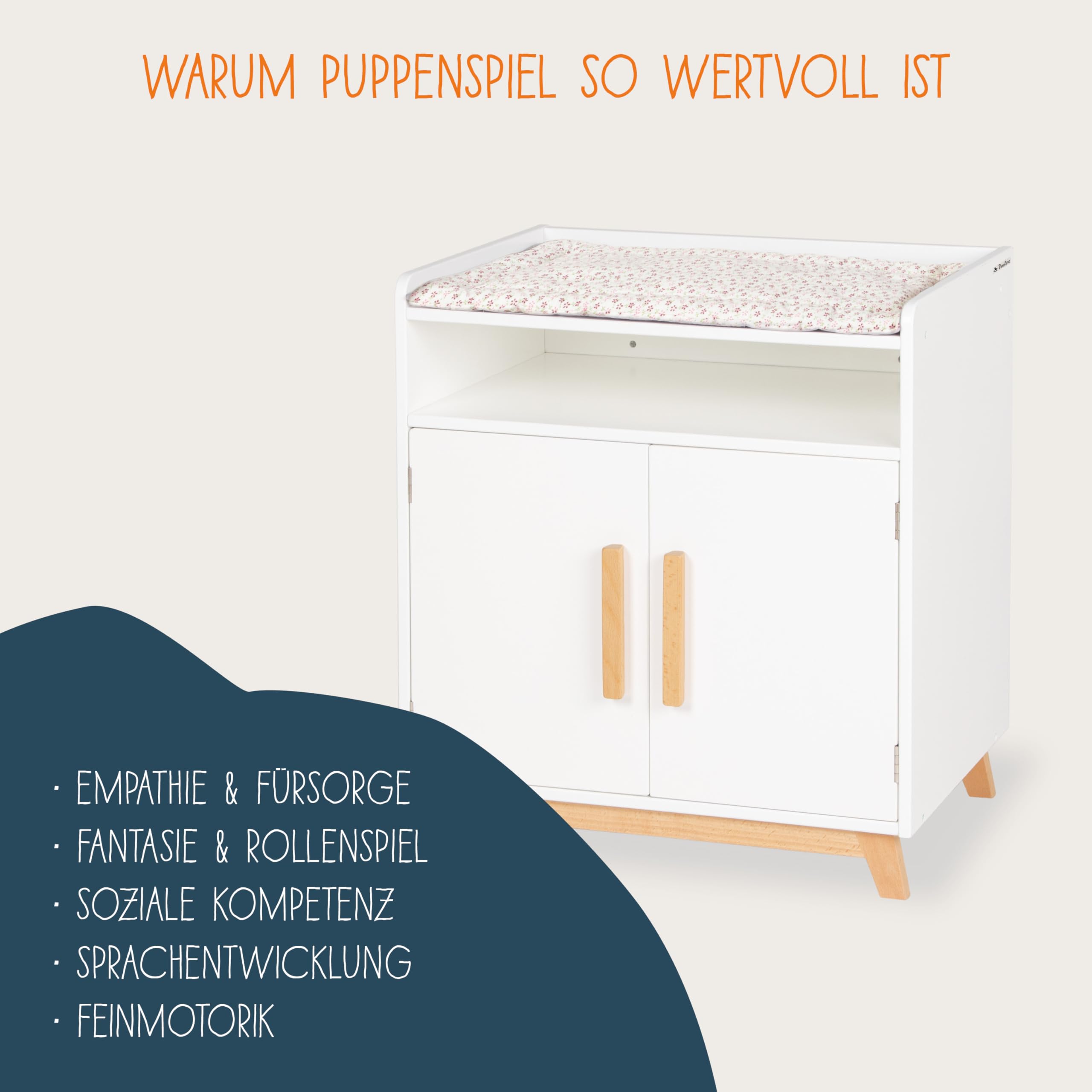 PINOLINO Puppenwickeltisch Marit, Holz Puppenmöbel, skandinavisch weiß lackiert, inkl. Wickelauflage, 52x40x59 cm
