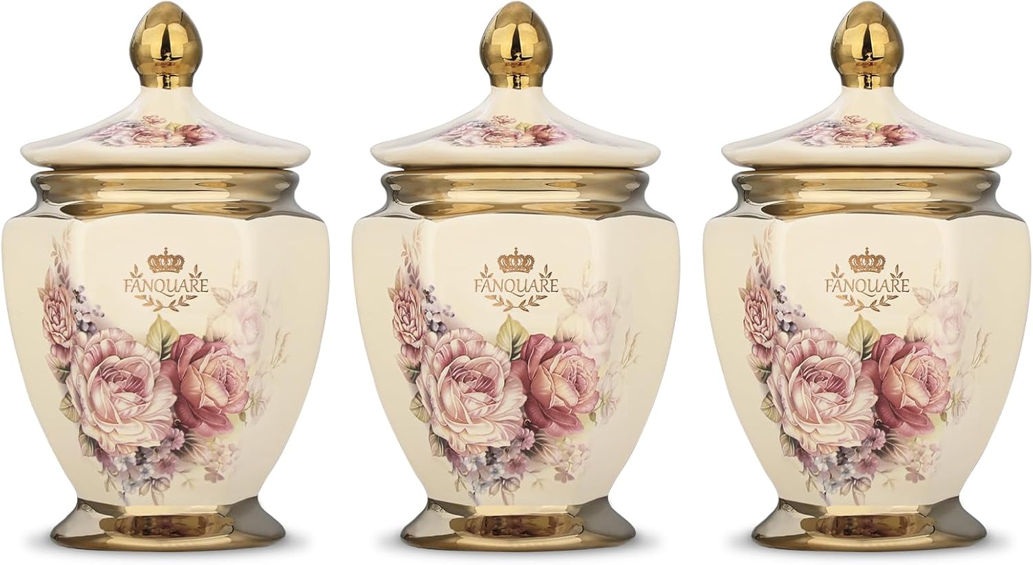 fanquare Vintage Royal Style Decorative Canisters with Gold Trim, Floral Porcelain Sugar Bowl Set of 3 with Airtight Lid for Countertop Party