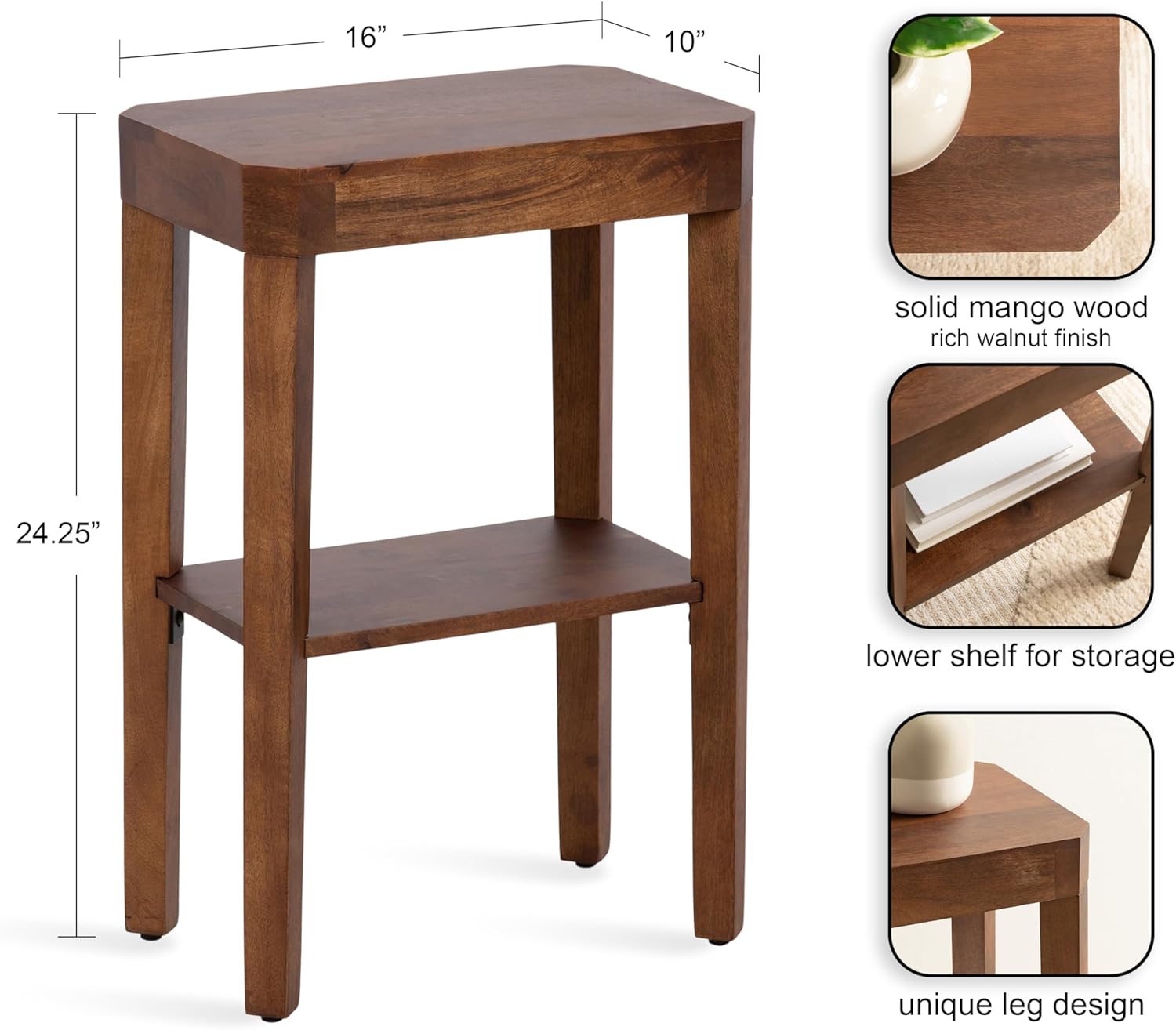 Kate and Laurel Talcott Modern Rectangle Wood Side Table, 16 x 10 x 25, Walnut Brown, Transitional Decorative Two-Tier End Table for Use as a Bedroom Nightstand or Living Room Accent