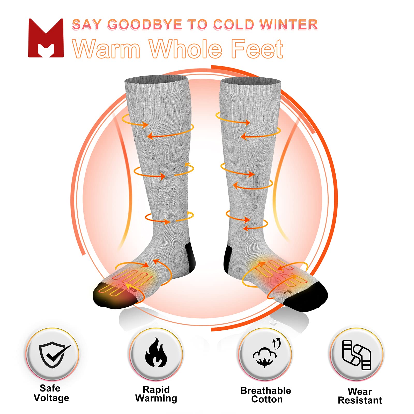 Heated Socks, Battery Heated Socks for Men Women, Electric Heated Socks for Hiking, Skiing, Camping(Grey)