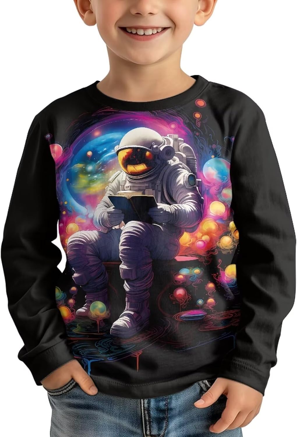 Boys Girls Long Sleeve Tees for Daily Wear Crewneck Elastic Fabric Graphic T-Shirt for Children Loose Fit 5-16Years