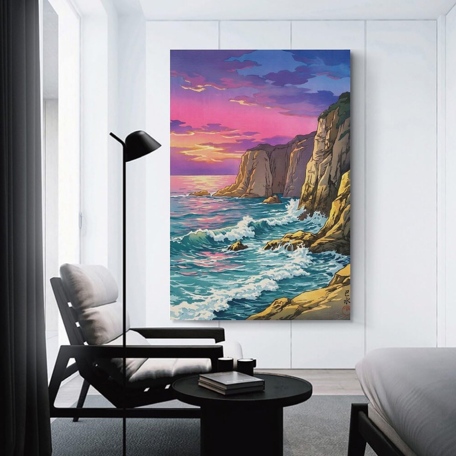Junmoney Coastal Cliff Sunset Painting Hanging Wall Art, 20x30inch(50x75cm), for Home Walls, Creative Rooms Or Shared Spaces, A Flexible Wall Accent for Shared Spaces