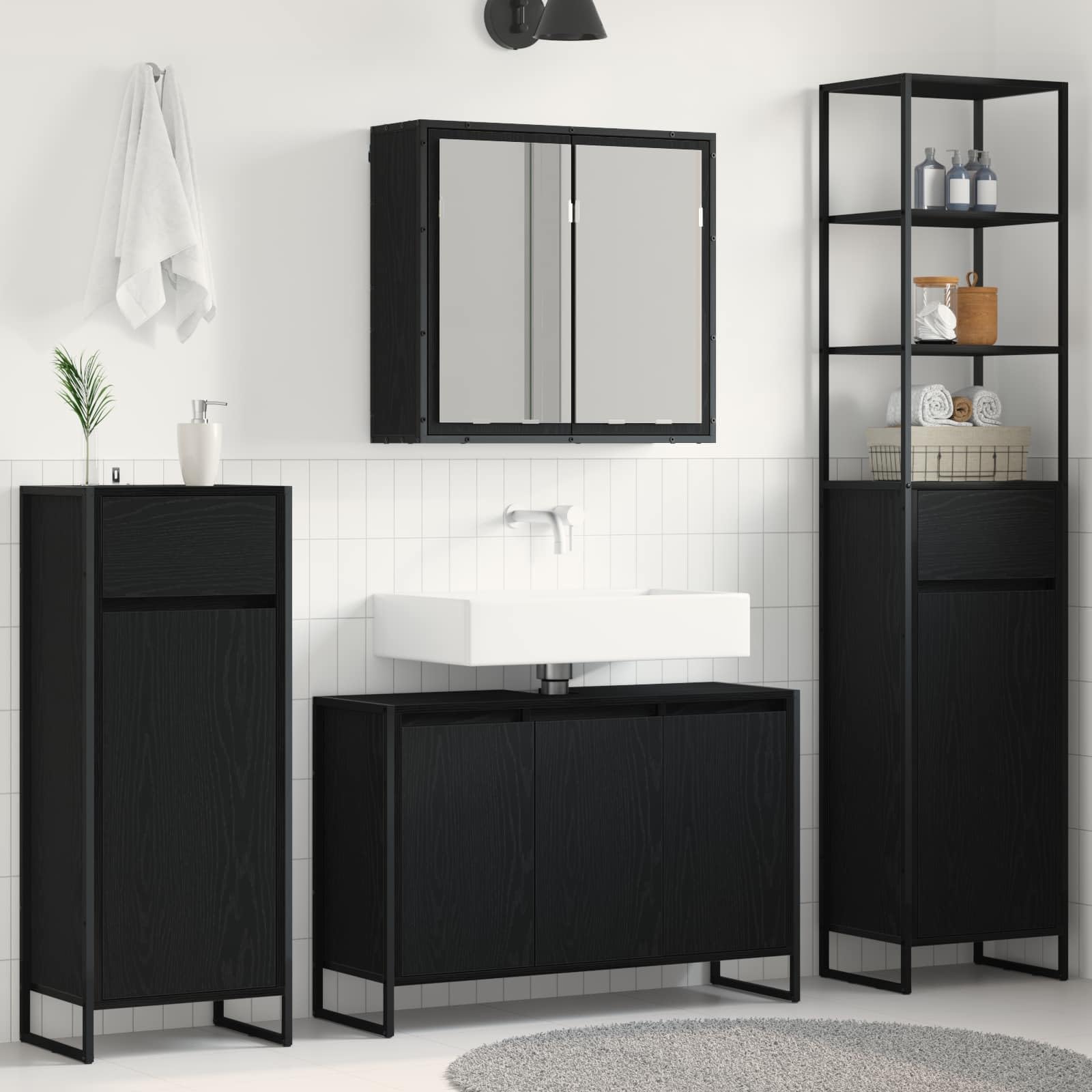 Juego de muebles de baño, color negro mate mate efecto roble mate, material de madera, incluye 7 puertas, espejo plano, 15 estantes, lavabo para baños modernos incluidos en todos los