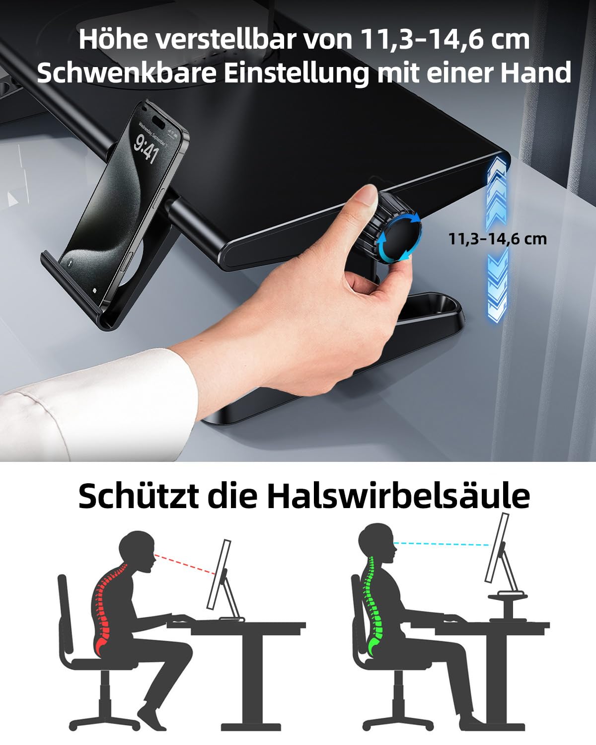 Monitorständer mit 6 USB C 3.0 Hub,HöHenverstellbar Monitor Erhöhung Schreibtisch Organizer Monitor Stand Riser mit Handyhalterung,Bildschirmerhöhung Ständer für Laptop,Computer,PC,Tv(Schwarz)