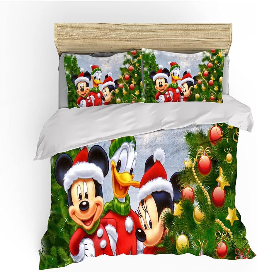 NBKLS Christmas Mickey Mouse Duvet Cover Bedding Set - Duvet Cover and Pillowcase, Microfibre, 3D Digital Print, Three-Piece Bed Linen (5.135 x 200 cm + 80 x 80 cm x 2)