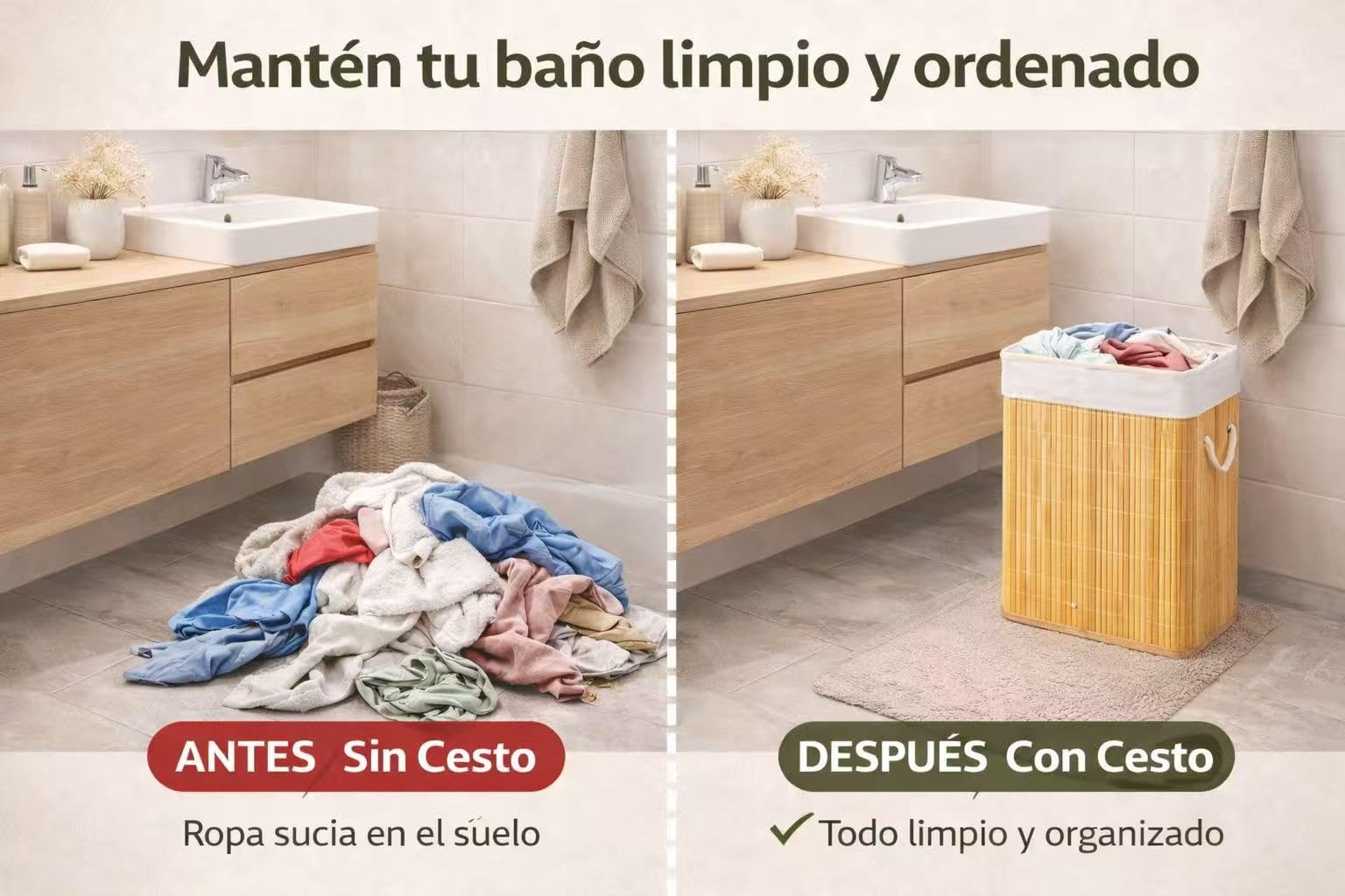 Cesto Para Ropa Sucia, Pongotodo con Tapa Separada Individualmente y Asas, Bolsa Lavable Extraíble, Cesta de Bambú Para Ropa (Retangular)