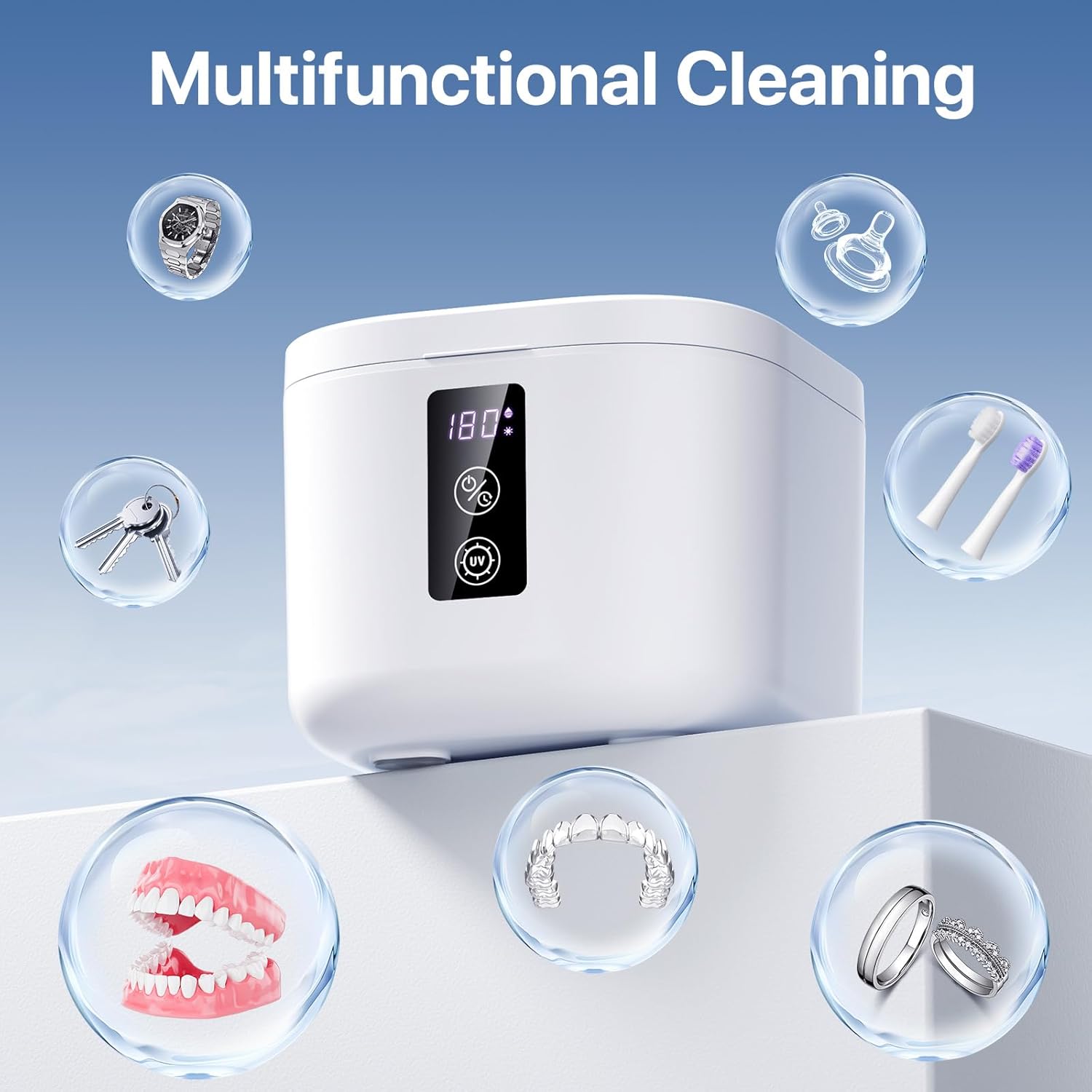 Ultrasonic Retainer Cleaner,375 ML Ultrasonic Cleaner,48kHz Retainer Cleaner Machine with 3 Modes Digital Timer for Denture Cleaner, Aligner,Braces,Toothbrush Heads,Jewelry White - Image 4