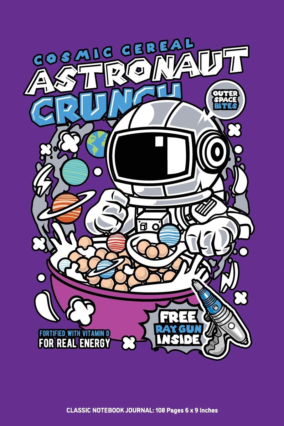 Classic Notebook Journal: Cereal Box Astronaut in Space - 105 Pages, 6 x 9 inches, Lined White Paper - INKART Notebooks - Purple Cover