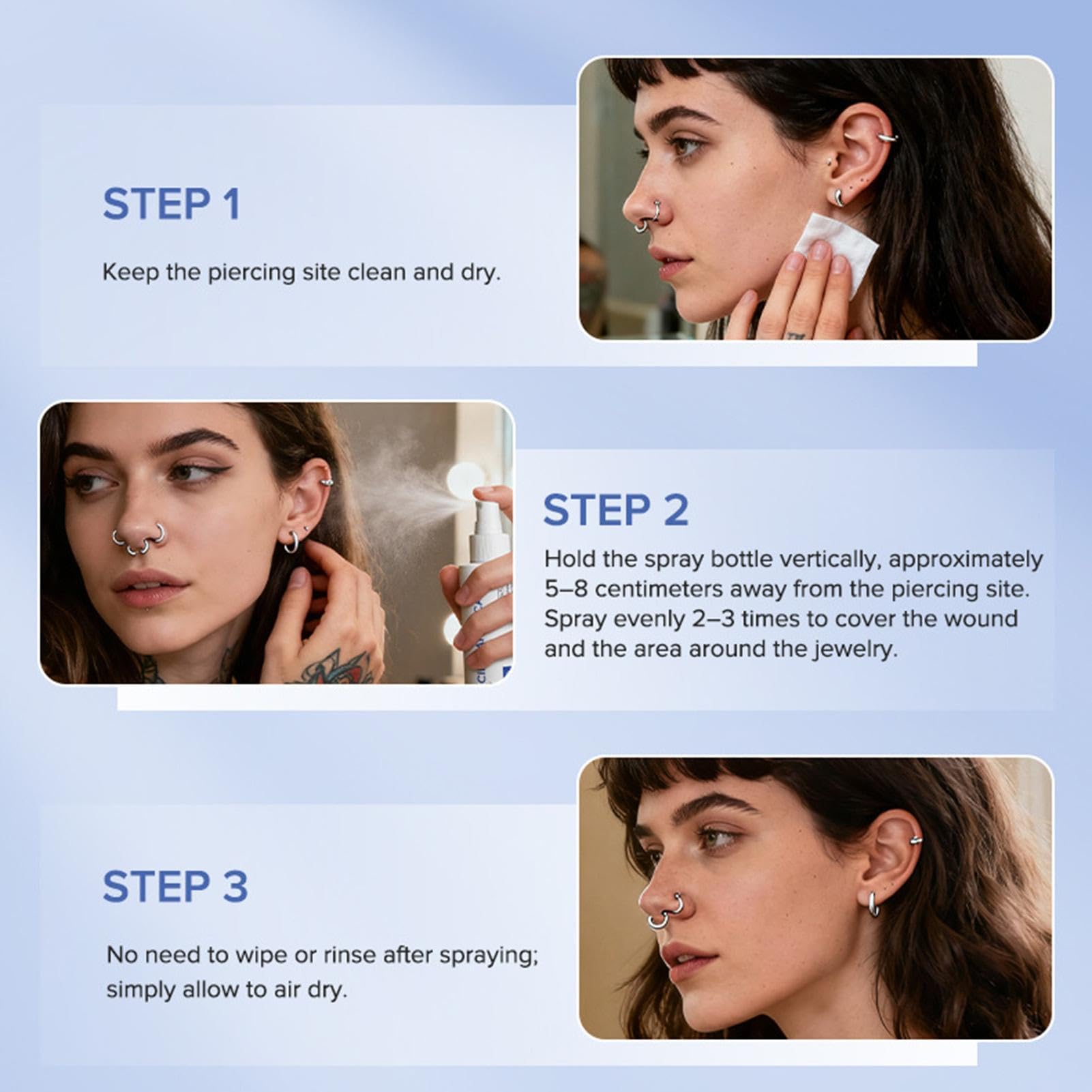 Care Piercing Spray - Piercing Cleaning Solution for Comfort ¦ 120ml Sterile Saline Sprays with Gentle Mist, Healing Solution for Ear Nose Belly, Fast Absorption Spray for Face, Travel Fitness
